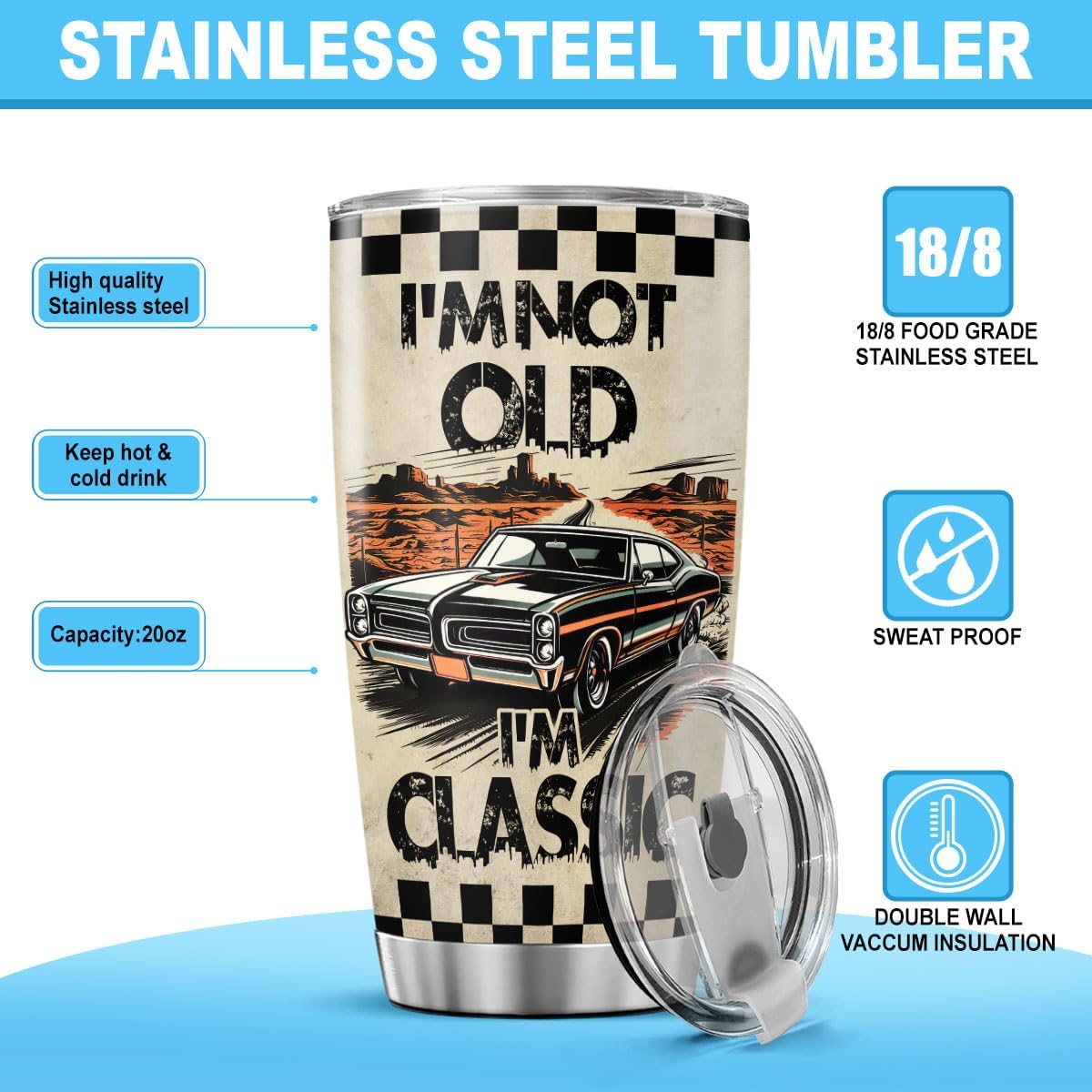 Funny Classic Car Gift for Dad or Grandpa, I'm Not Old I'm Classic Quote Travel Mug, 20oz Insulated Stainless Steel Tumbler for Birthday, Father's Day, Retro Muscle Car Lovers - Image 7