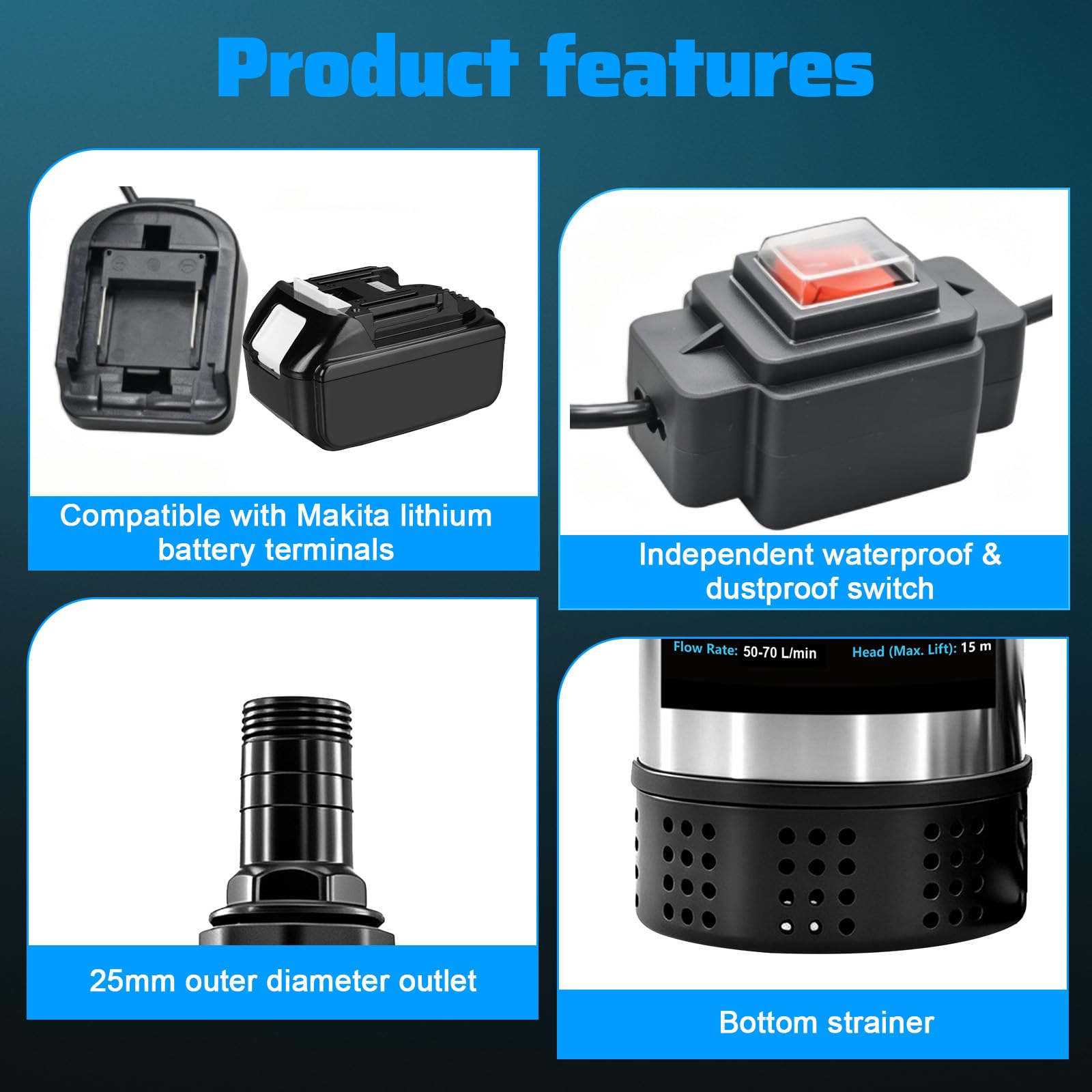 Wasserpumpe Kompatibel mit Makita 18V Akku, Bürstenlose 100W Diesel-Kraftstoffpumpe, 50-70L/min Durchfluss, 15m Förderhöhe, 3m Saughöhe, 25mm Düsen für Wasser & Öl