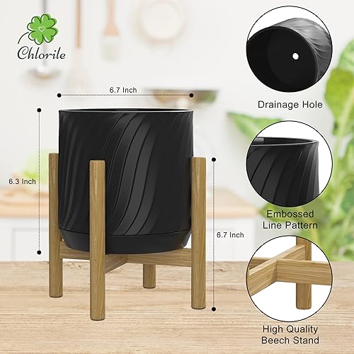 Miniatura 6 de Maceta de cerámica de 6.5 pulgadas con soporte, incluye orificio de drenaje y platillo, maceta de escritorio moderna de mediados de siglo para