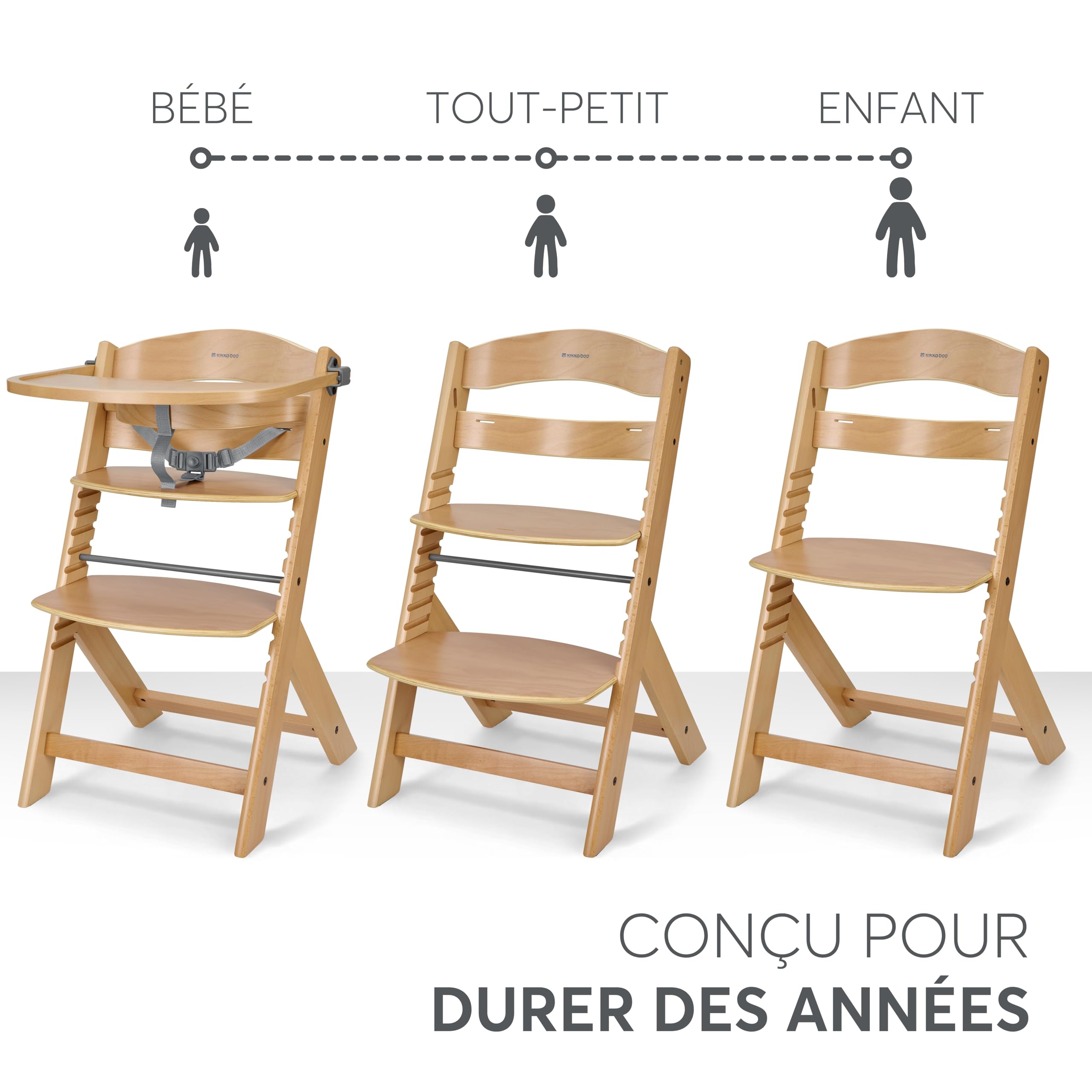KikkaBoo Chaise Haute Bébé Évolutive en Bois NORDY, Bois de Hêtre, Réglable jusqu’à 35 kg, Plateau Amovible, Siège et Repose-Pieds Réglables, Harnais 3 Points, Bois