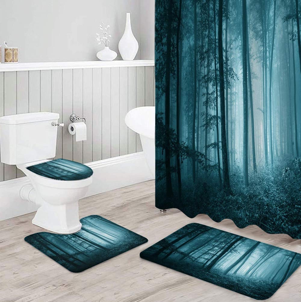Ensemble De Rideau De Douche Imprimé Forêt 4 Pièces, Rideau