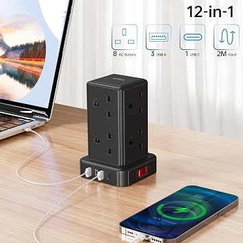 Kemelo Tower Extension Lead with 8 Way Multi Plug & 4 USB Ports (13A 3250W), Mini Power Strip with Switch, 2M Extension Cable Surge Protection for Home, Kitchen, Office