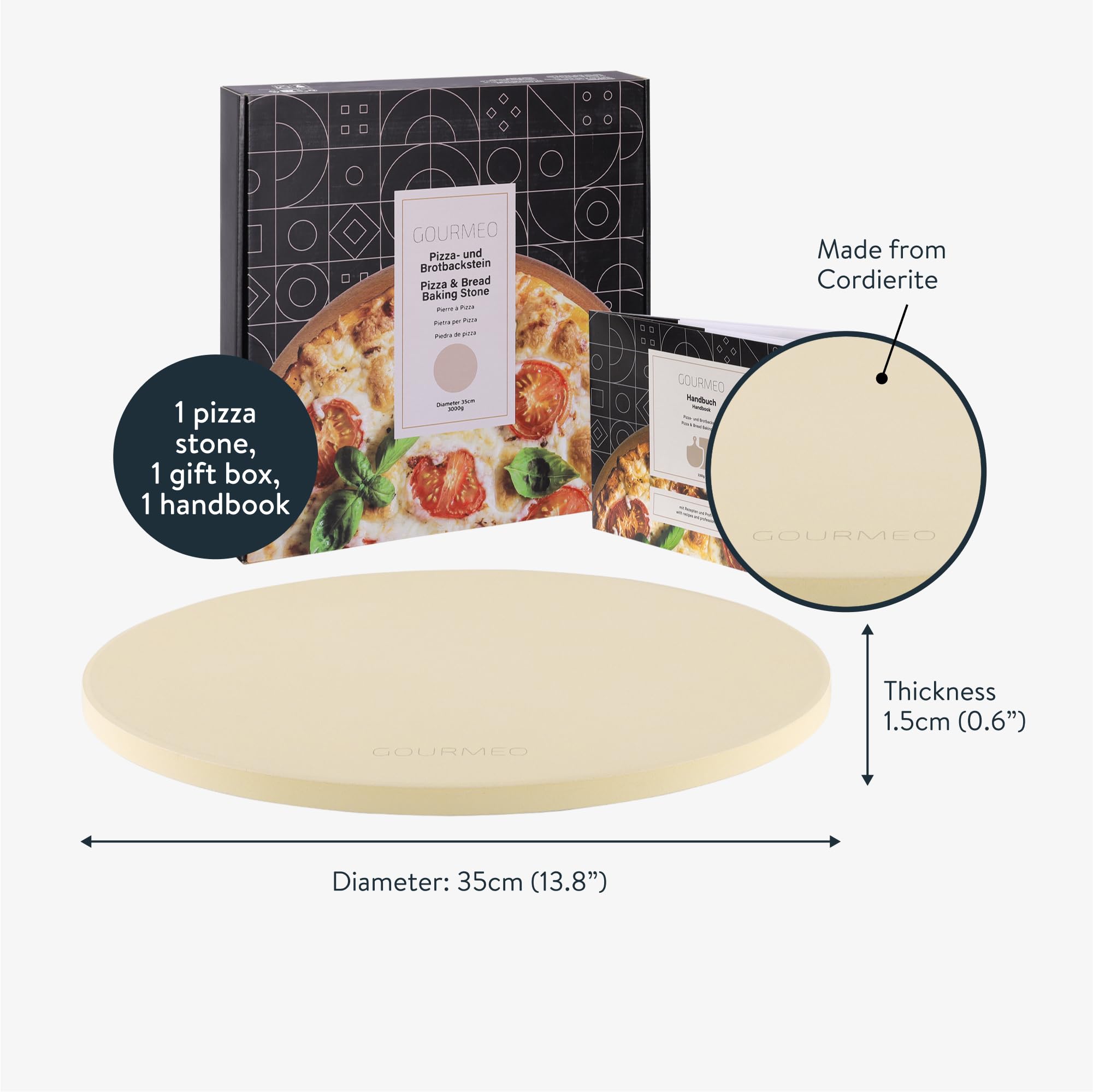 Pierre à Pizza en Cordiérite - 35 cm de Diamètre - Pour Four, Barbecue Électrique ou à Charbon Jusqu'à 800°C