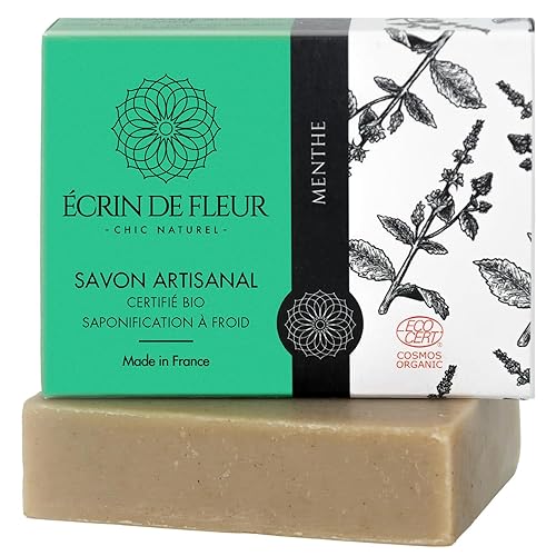 ÉCRIN DE FLEUR - Barra de jabón de menta orgánica, jabón todo en uno simple para hombre, hecho a mano en Francia con aceite de menta verde, aceite