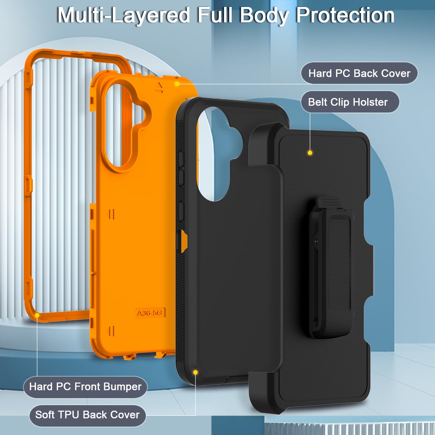 Etui do Samsunga Galaxy A36 5G z 2 szt. ochraniaczy ekranu ze szkła hartowanego, seria kabury z klipsem do paska, wytrzymałe, odporne na wstrząsy etui na telefon (czarne/pomarańczowe)