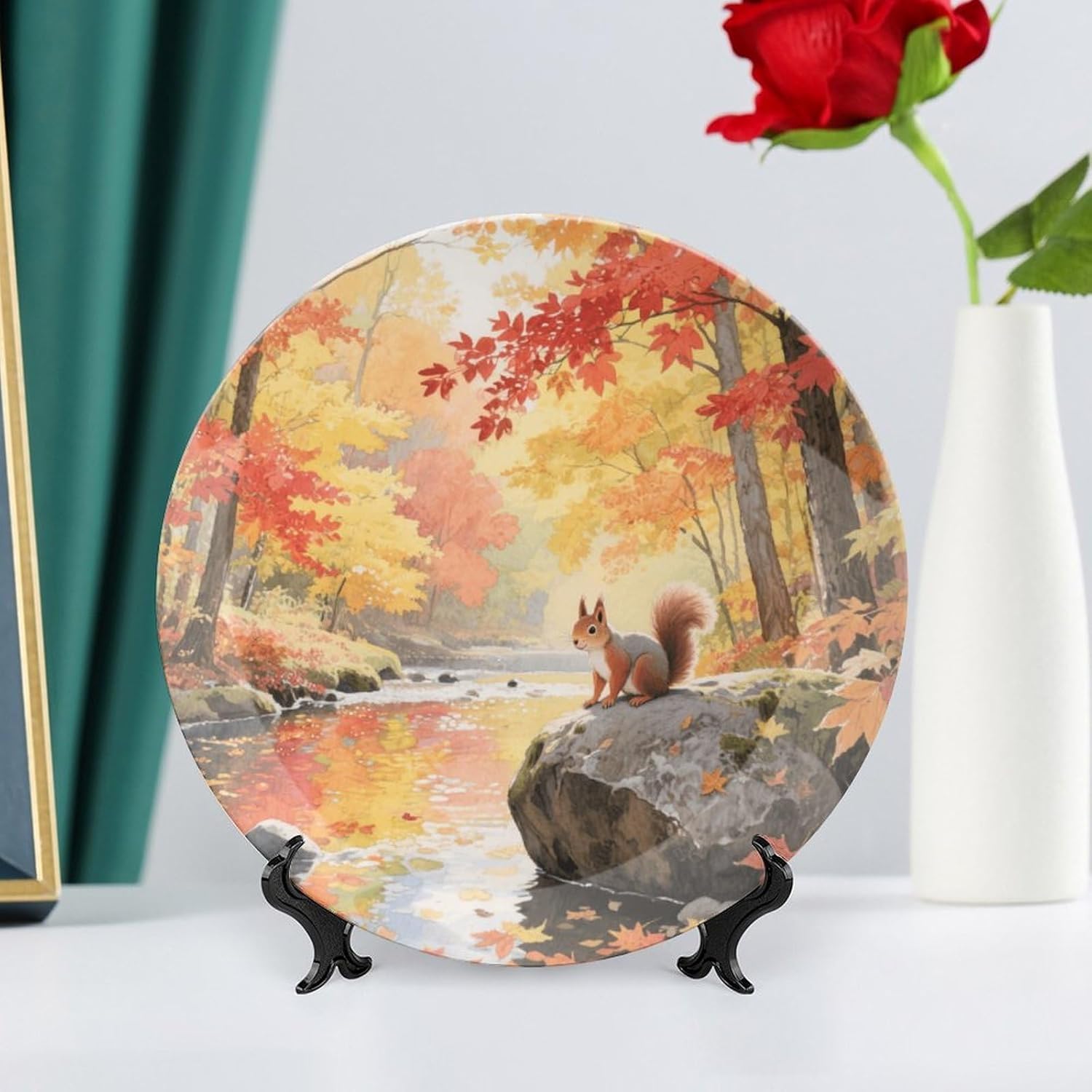 Bone China Decorative Plates A Maple Forest in Autumn Ceramic Decorative Plate Wall Decor with Display Stand Ceramic Ornaments for Wall Hanging Decoration