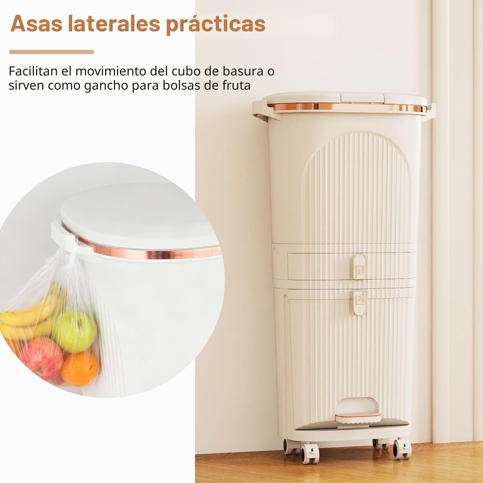 LIFEZEAL 38L / 42L Cubo de basura con ruedas, papelera con 3 compartimentos y tapa, cubo de basura con pedal y asa, contenedor de basura para cocina, sala de estar y oficina (42L, Blanco)