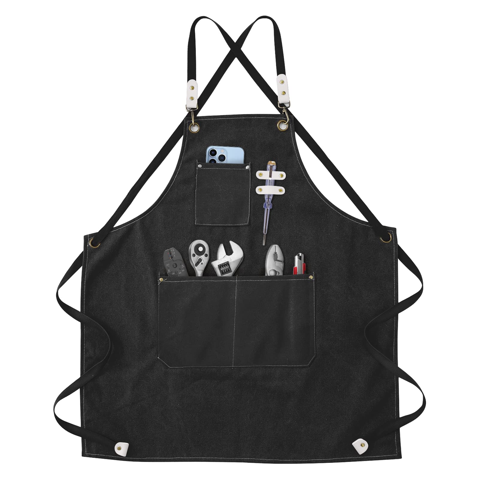 Grembiule da Lavoro, Grembiule Donna/Uomo Durevole di Tela con 3 Tasche per Falegname Tatuatore Fabbro Pittore Barista, Design a Tracolla, Adatto per Casa Lavoro Campeggio all'Aperto - Nero