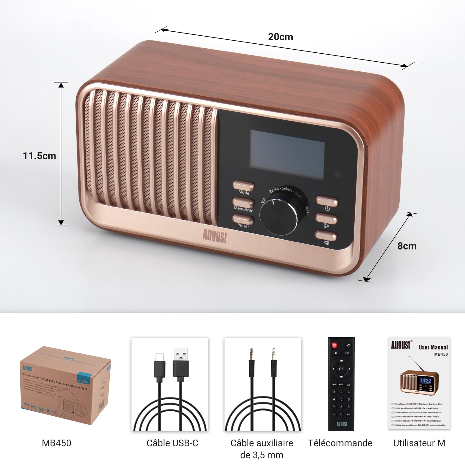 August MB450K - Radio Dab/Dab+/FM Rechargeable Double Réveil, Radio Portable Rétro avec 60 Présélections, Haut-Parleur Bluetooth 5.3, USB/AUX/Carte MicroSD, Autonomie 18H et Télécommande - Chêne