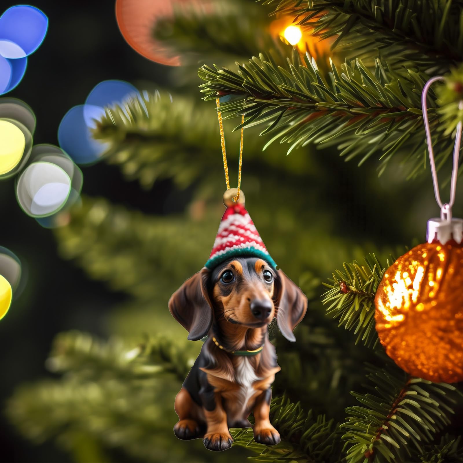 7 Décorations De Noël Teckel En Acrylique – Pendentifs Sapin, Maison, Fêtes, Motifs Chiens Avec Chapeaux De Noël