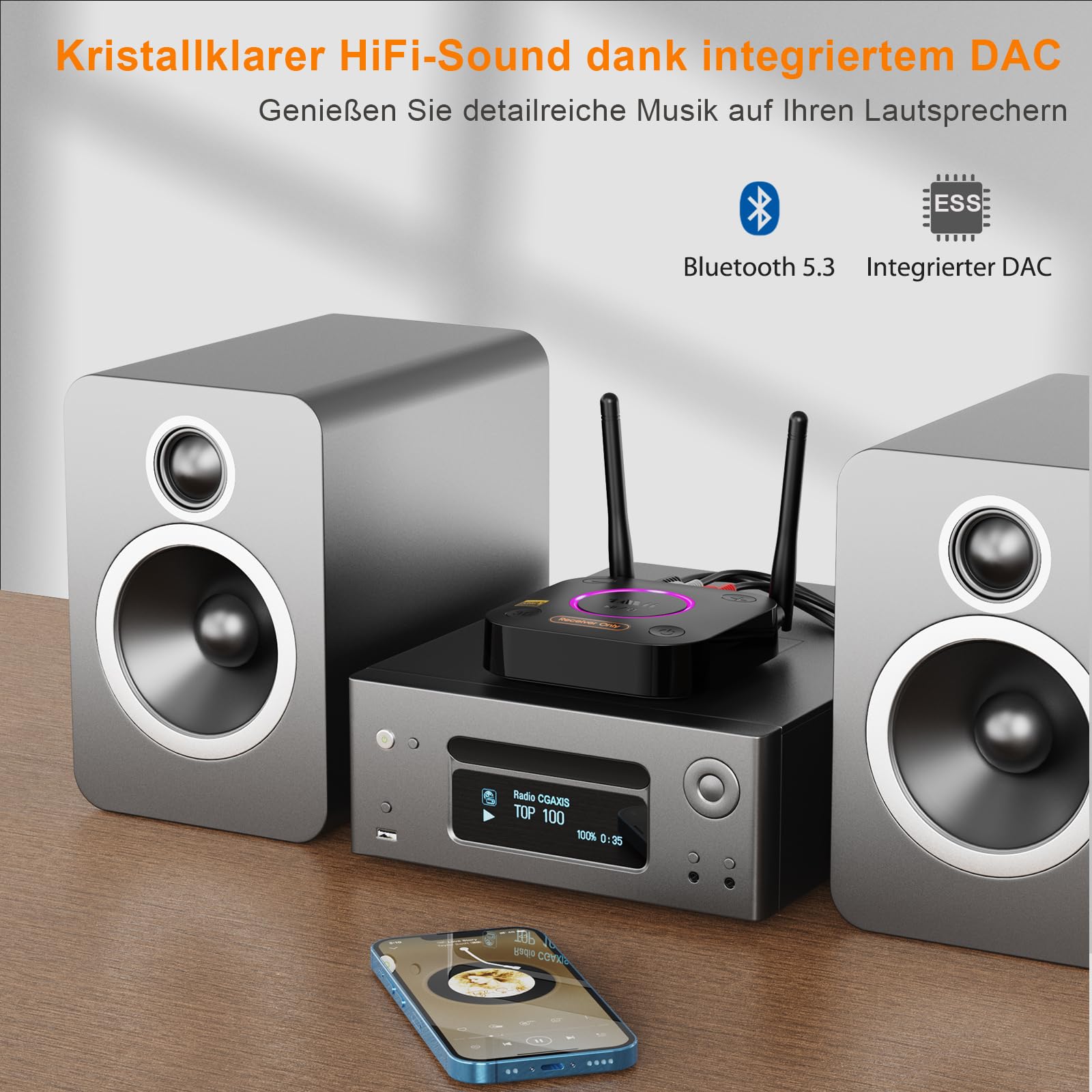 1Mii B06Ultra Bluetooth 5.3 Empfänger Stereoanlage HiFi Audio Adapter LDAC aptX HD DAC Optisch Koaxial RCA 3,5mm AUX