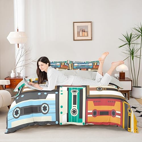 Miniatura 2 de Juego de funda de edredón de cinta musical vintage, tamaño matrimonial, juego de ropa de cama con estampado de cinta retro de los años 80, funda de