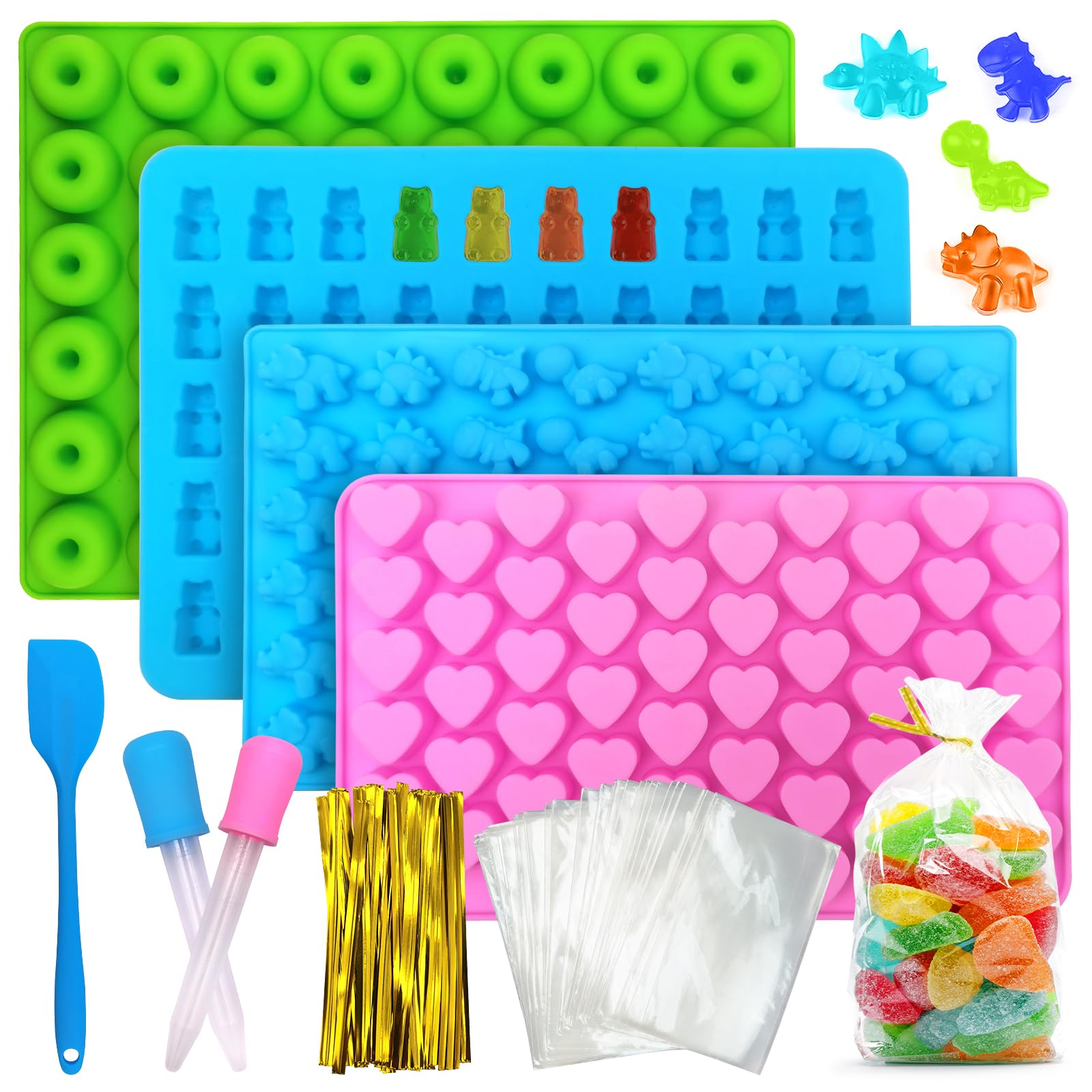 Gemtte Gummibärchen Form, 4 Stück Bonbon Formen Silikon mit 2 Pipetten, Silikonform Schokolade, Antihaft Bonbon Silikonform für Süßigkeiten, Gelee, Schokolade