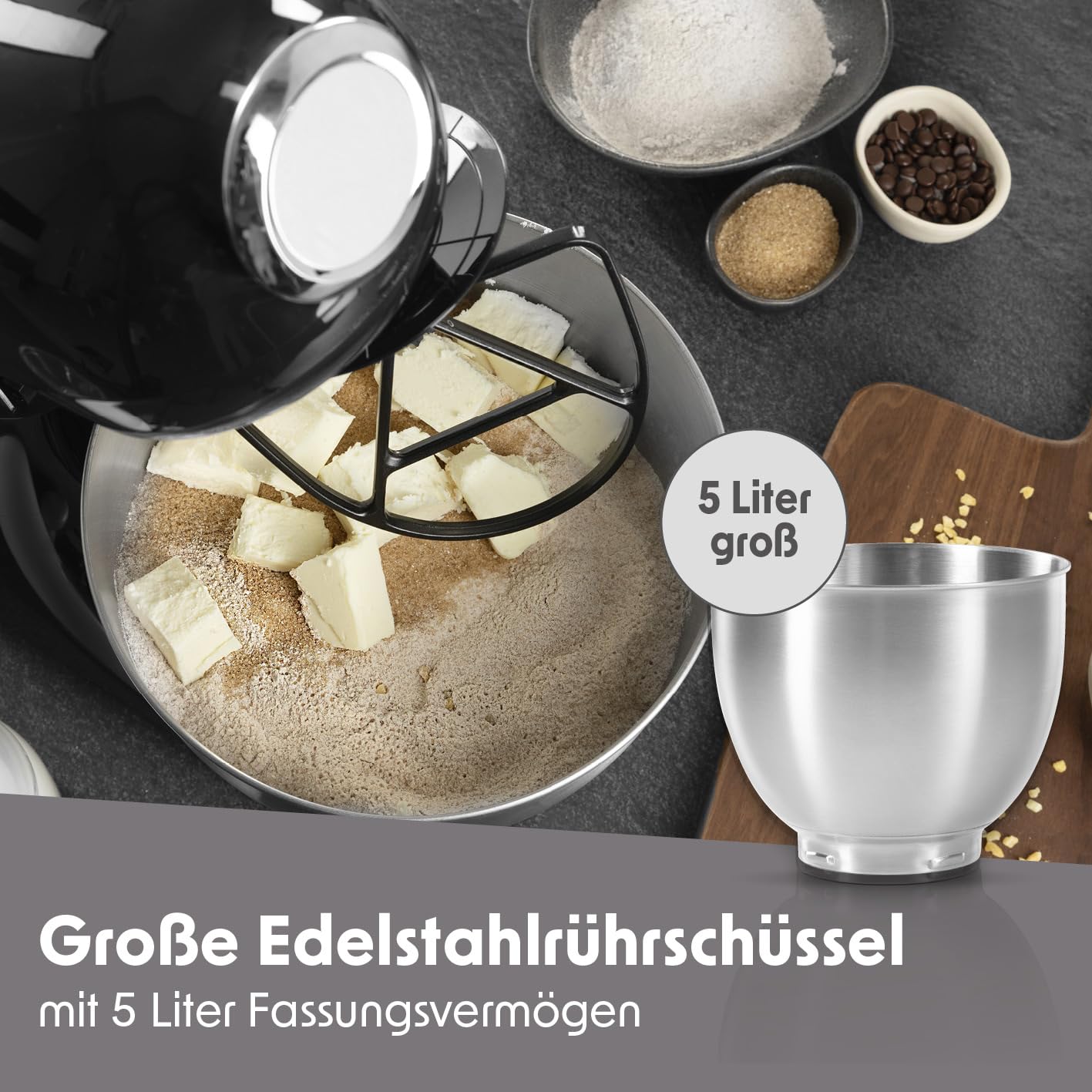 GOURMETmaxx Küchenmaschine & Rührgerät | Multifunktionale Küchenhilfe inkl. Rührschüssel und Aufsätze | Leistungsstarker Mixer mit Schneebesen und mehr | Elektrische Knetmaschine [schwarz]