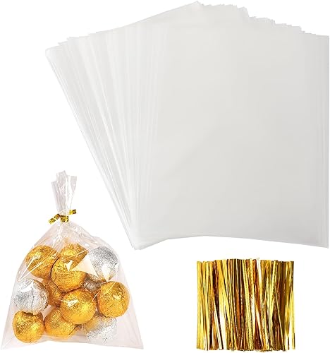 Augshy Bolsas de celofán, 300 bolsas de violonchelo de 5 x 7 pulgadas para piruleta con 320 lazos giratorios, bolsas de plástico OPP de 1.4 mils de