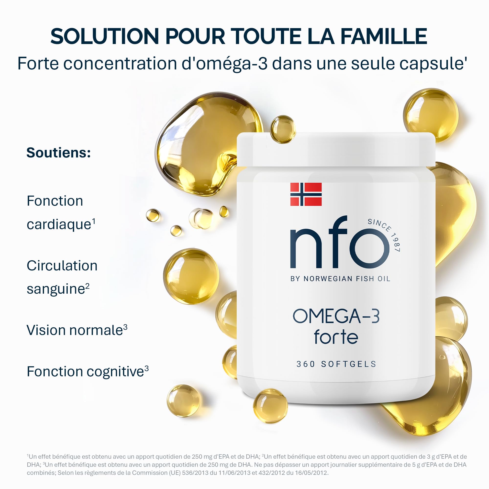 NFO Omega 3 Forte [360 capsules] Family Pack Huile de poisson norvégienne à haute concentration d'EPA:DHA Formule avec complexe naturel de vitamine E pour adultes et enfants + 3 ans Fabriqué en