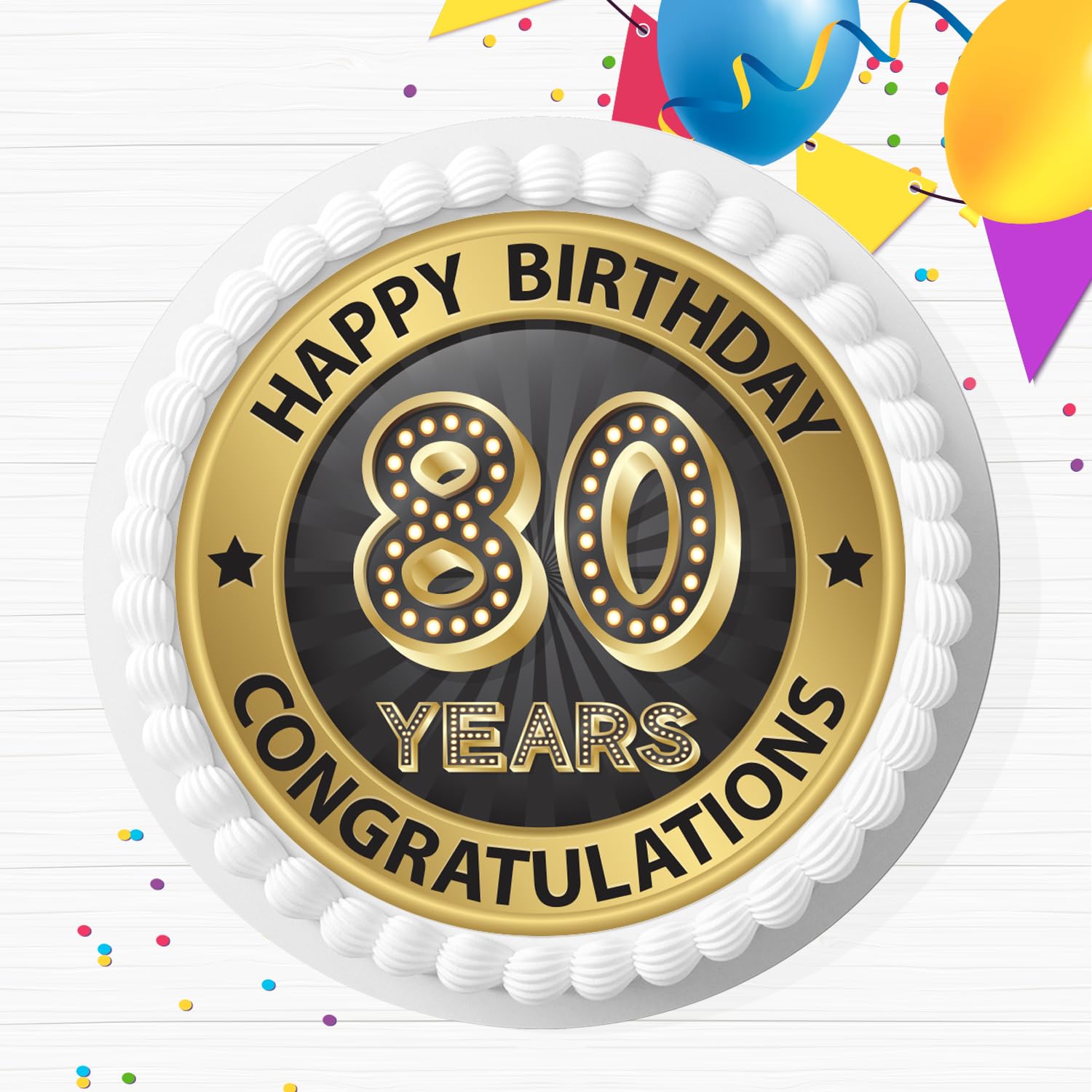 Cannellio Cakes Black/Gold Age 80 80Th Birthday & Pre-Cut 7.5 Inch Edible Icing Cake Topper Decoration