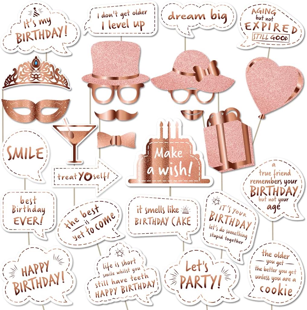 Birthday Photo Booth Props and Table Centerpieces (27 Count) - Rose Gold Birthday Party Photobooth Props and Signs (No Glitter) - Large and Durable Happy Birthday Photo Booth Props & Party Decorations : Home & Kitchen