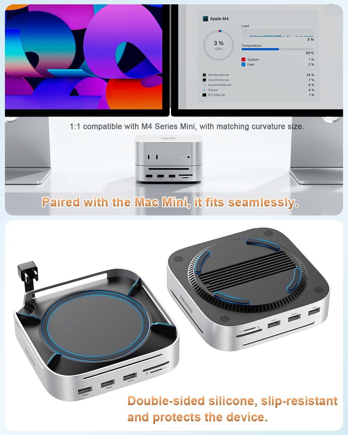 Mac mini M4 Dock & Stand DisplayPort 8K@120Hz Hub for Mac mini M4/M4 Pro 2024 with 8TB NVMe SSD Enclosure, 10 in 1 with DP, 5*USB-A/C 10Gbps Ports, SD/TF, Audio for Mac mini M4, Mac mini M4 Pro