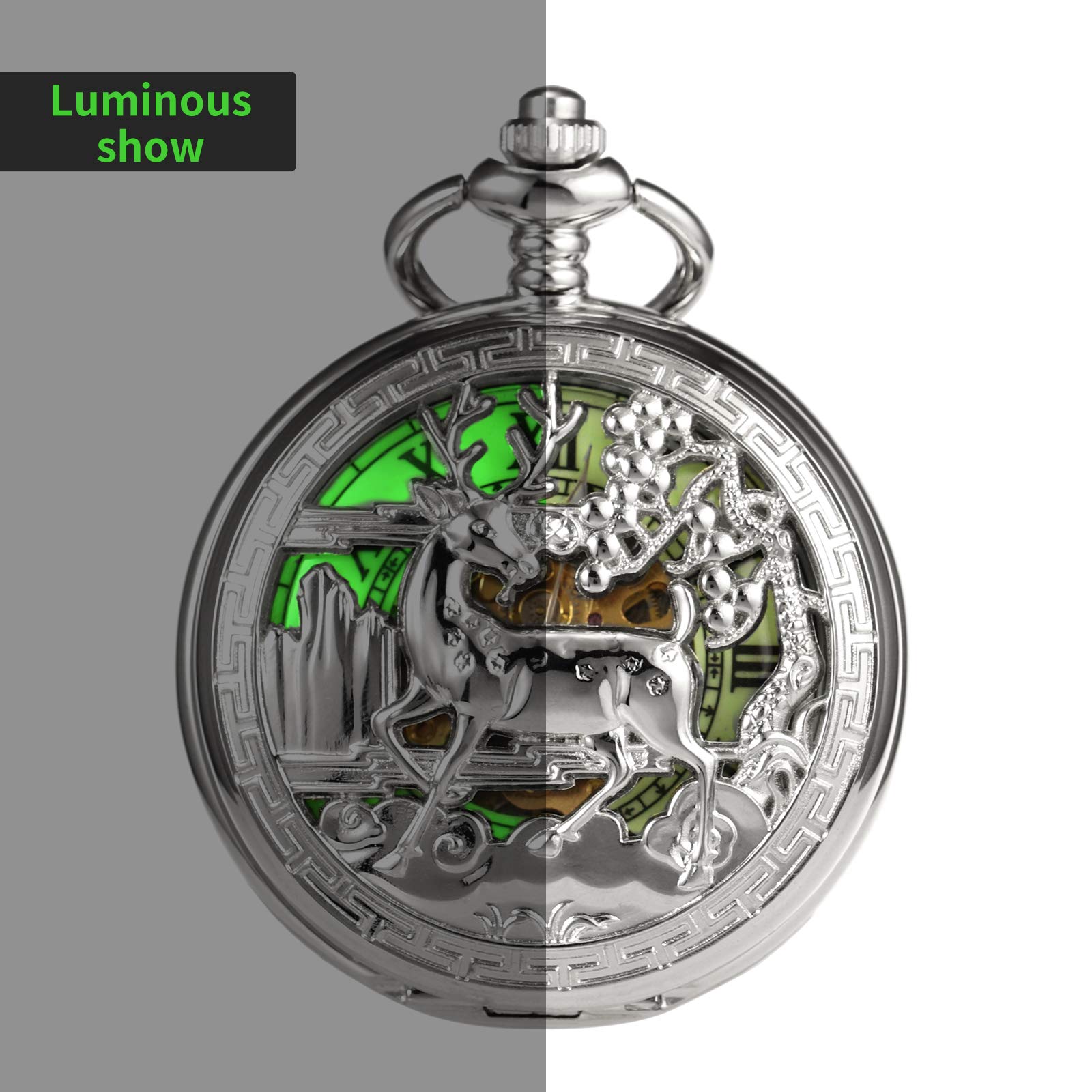 TREEWETO Montre gousset unisexe mécanique double couverture, renne cerf lumineux, squelette steampunk pour homme et femme