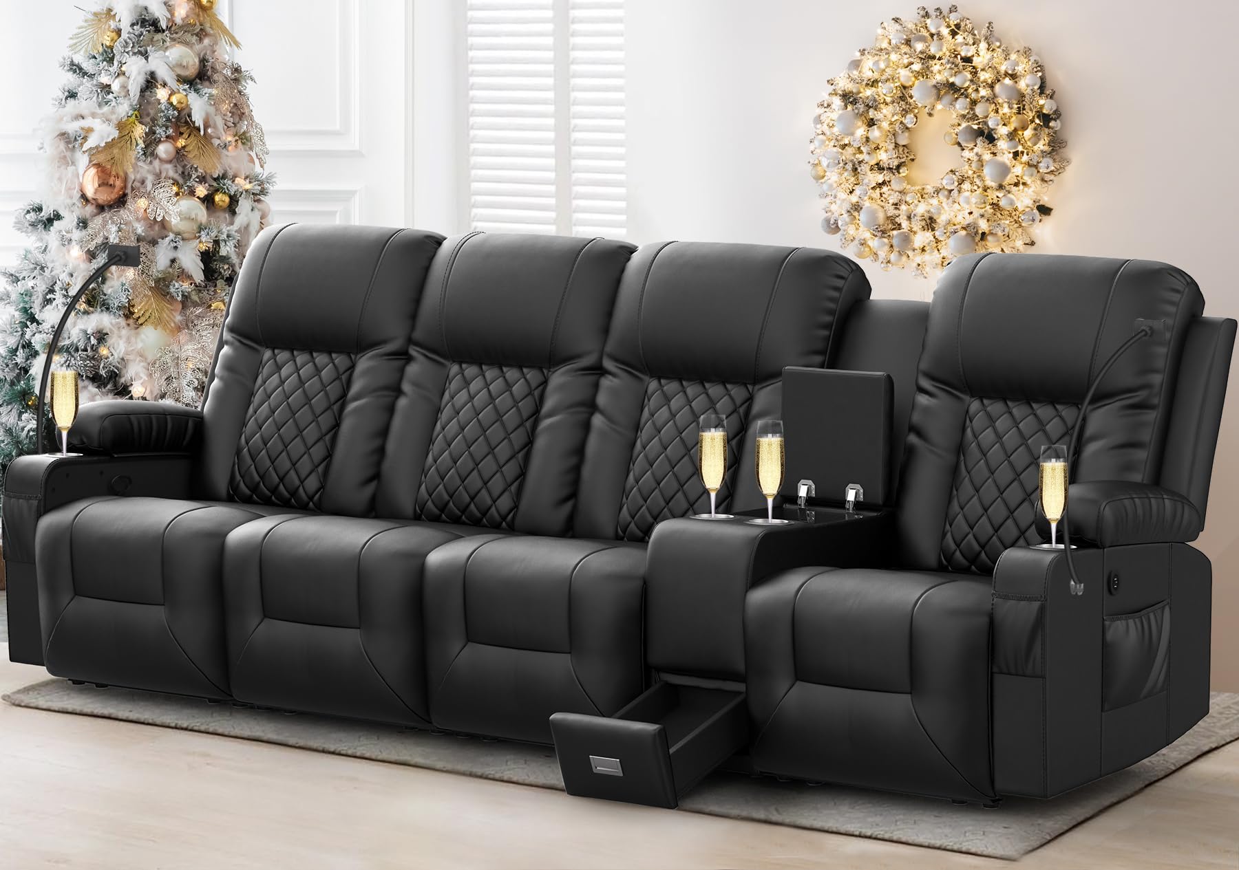 - YONISEE 4 Seat Recliner Sofa, Large Reclining Sofa with Storage Console, Manual Reclining Chair with USB Ports, 2 Cell Phone Holder, 4 Seater Recliner Couch for Living Room