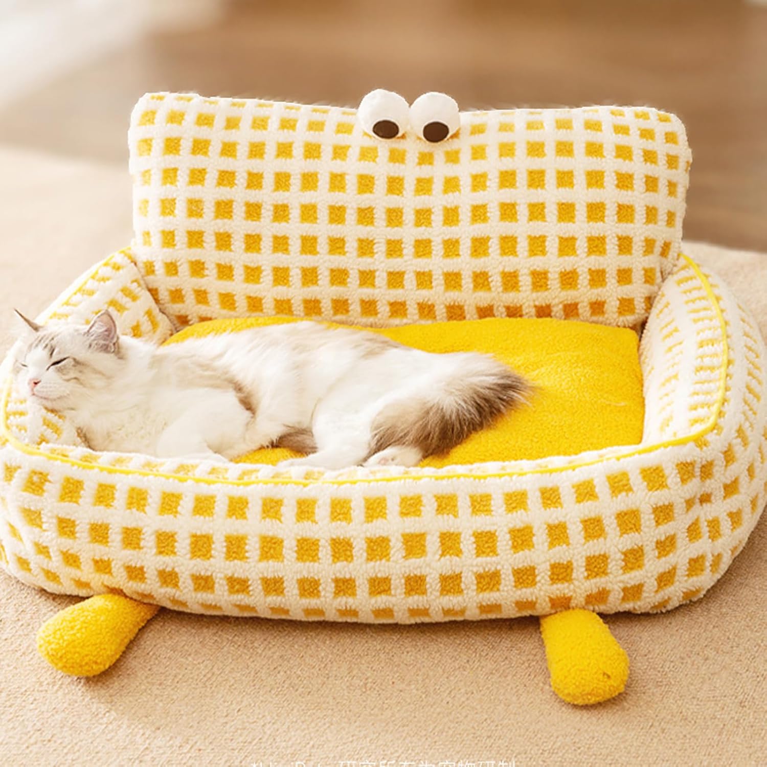 Pet Sofa Bed, Cat Sofa Couch with Armrests, Soft Plush Detachable Washable Pet Couch for Cats Small Dogs Bunnies, Yellow Checkered Design with Big Eyes (L)
