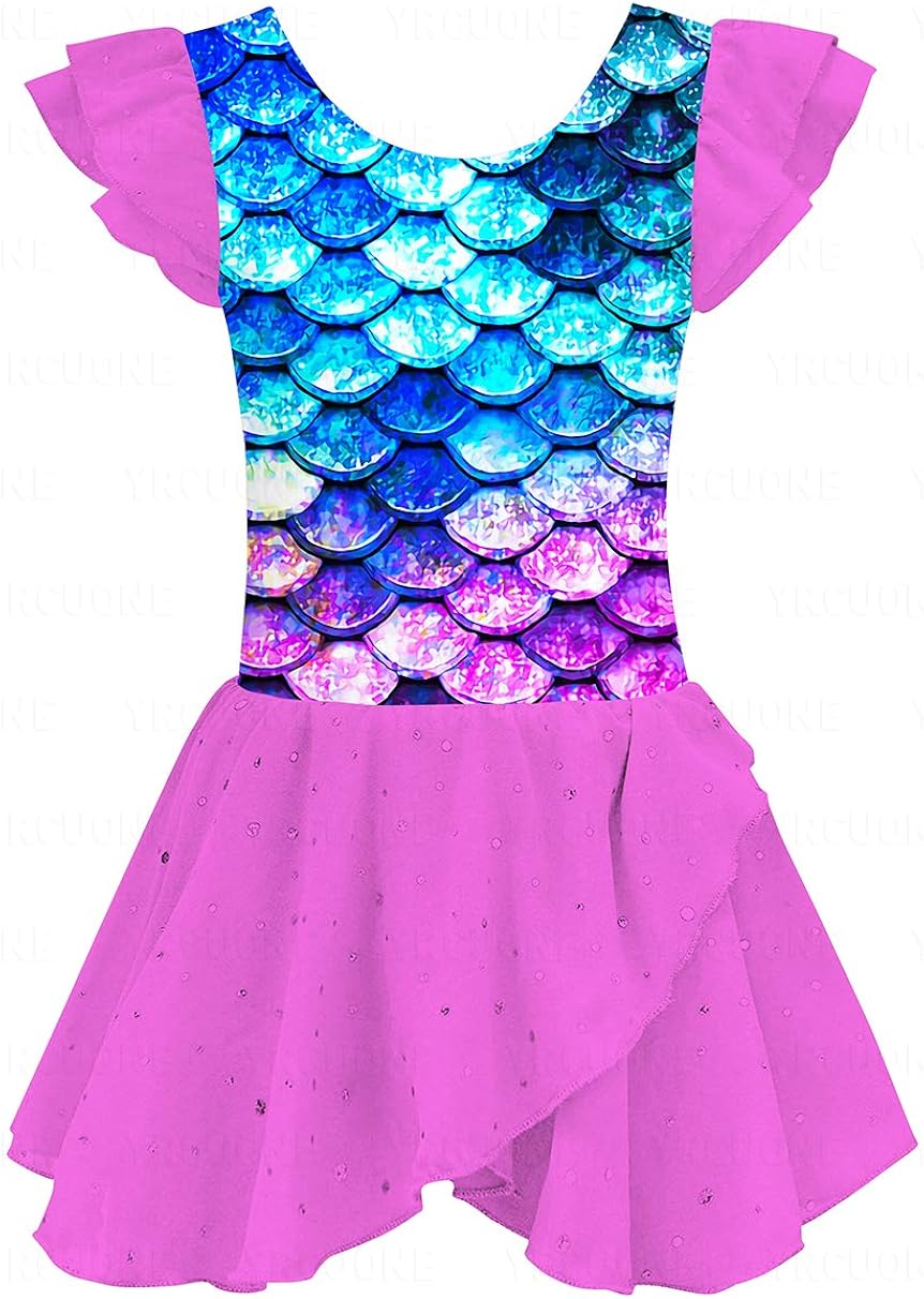 YRCUONE Gymnastics Leotards for Girls Ruffle Sleeve Ballet Dance Dress with Tutu Skirted 3-10 Years