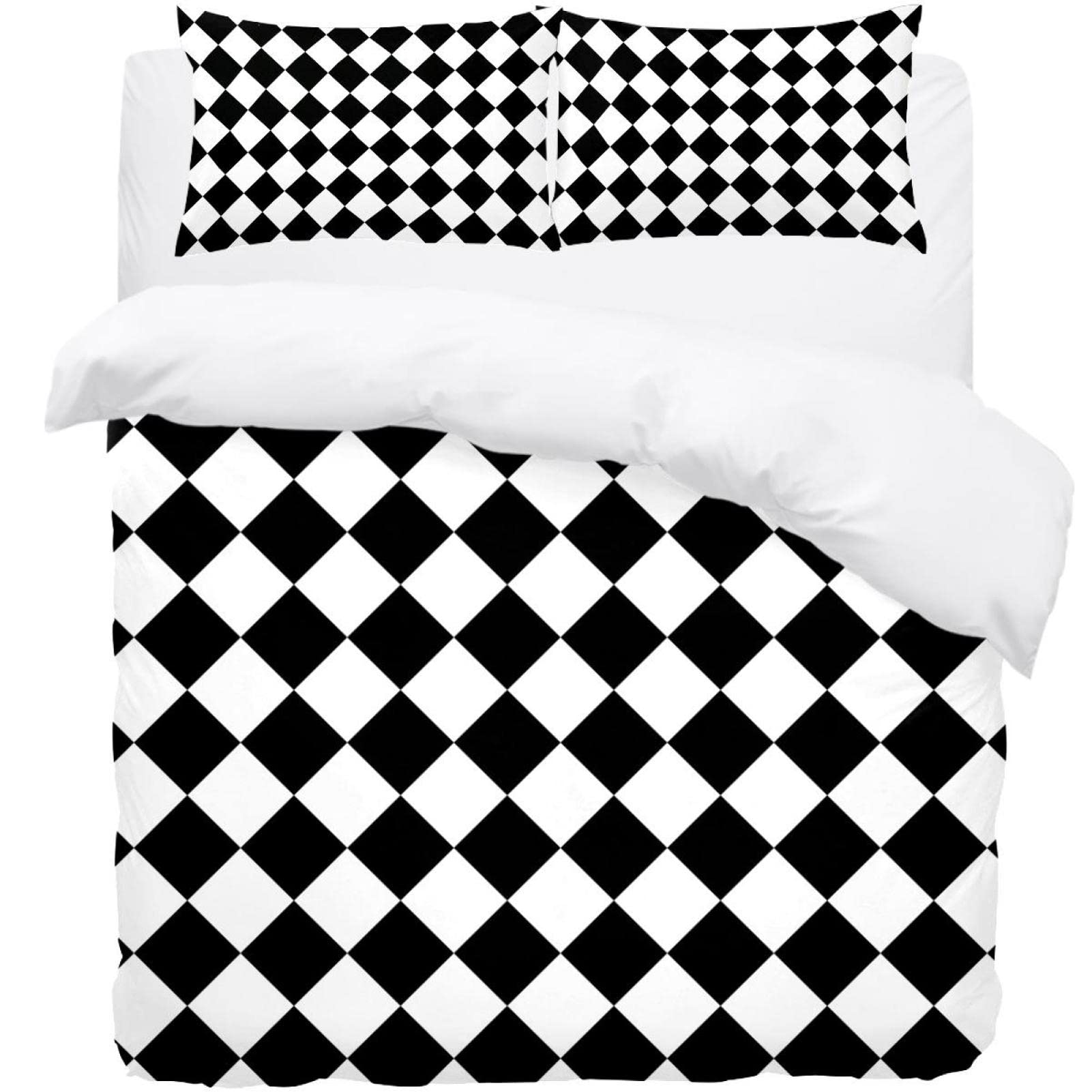 Housse de couette géométrique noir et blanc et ses 2 taies d'oreiller pour lit double
