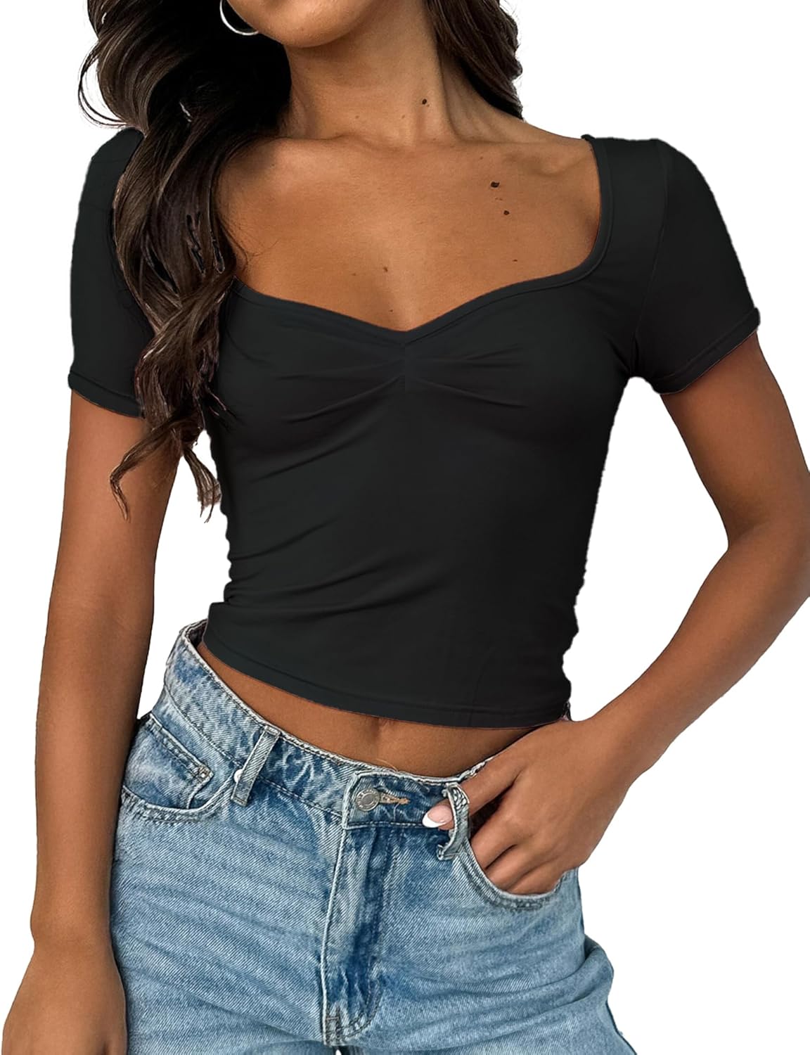Womens Short Sleeve Sexy Pleated Crop Top Sweetheart Neck