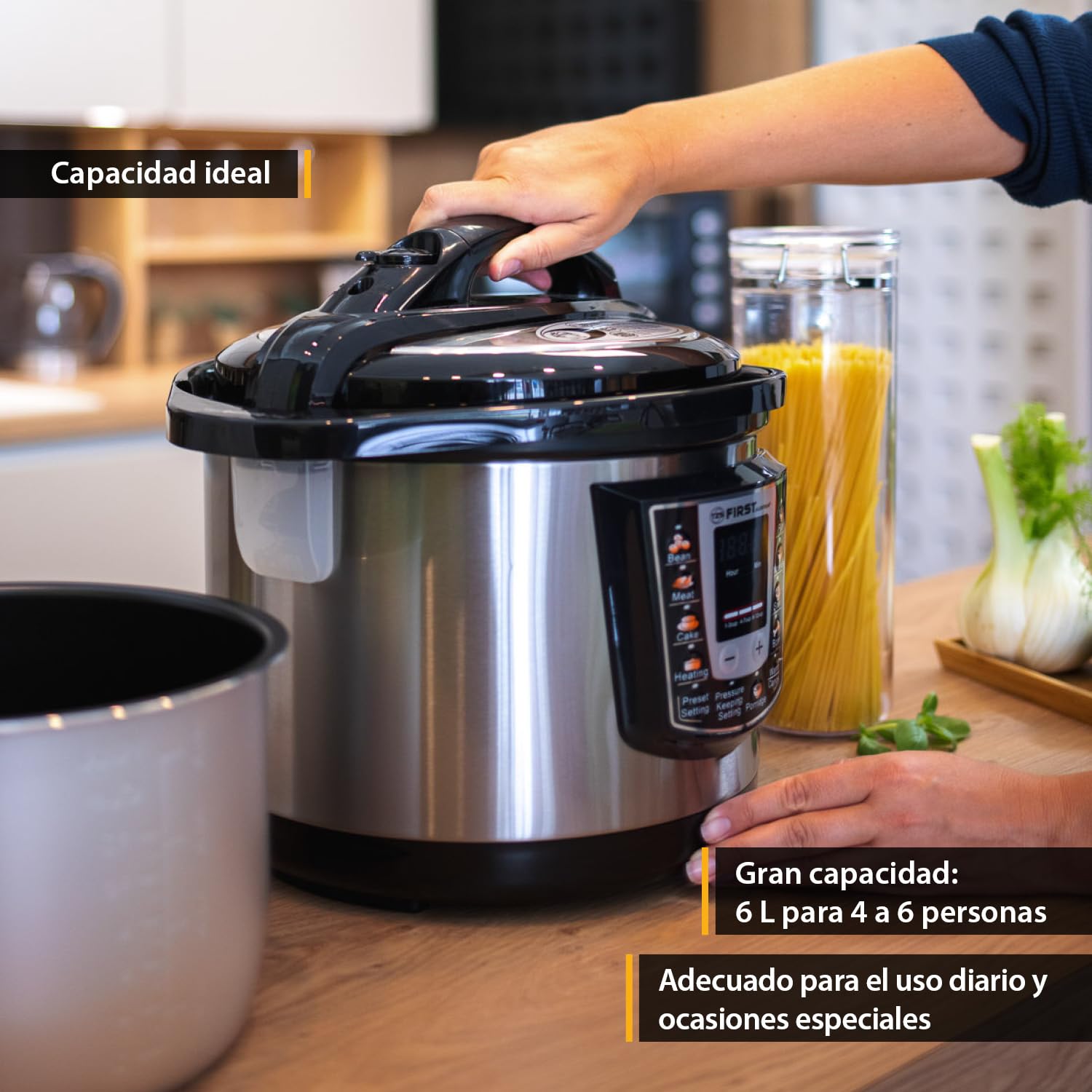TZS First Austria - Olla a presión eléctrica 6L con 9 programas automáticos - Multicooker 1000W como arrocera, vaporera, Crock Pot, etc. - Multiolla eléctrico a presión