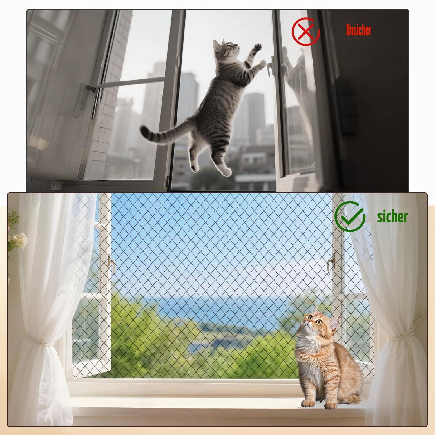 Katzennetz für Balkon, 3x4m Nylon Balkonnetz für Katzen Katzenschutznetz mit Befestigungsseil Nägel Kabelbinder für Fenster, Terrasse, Balkon (Schwarz)