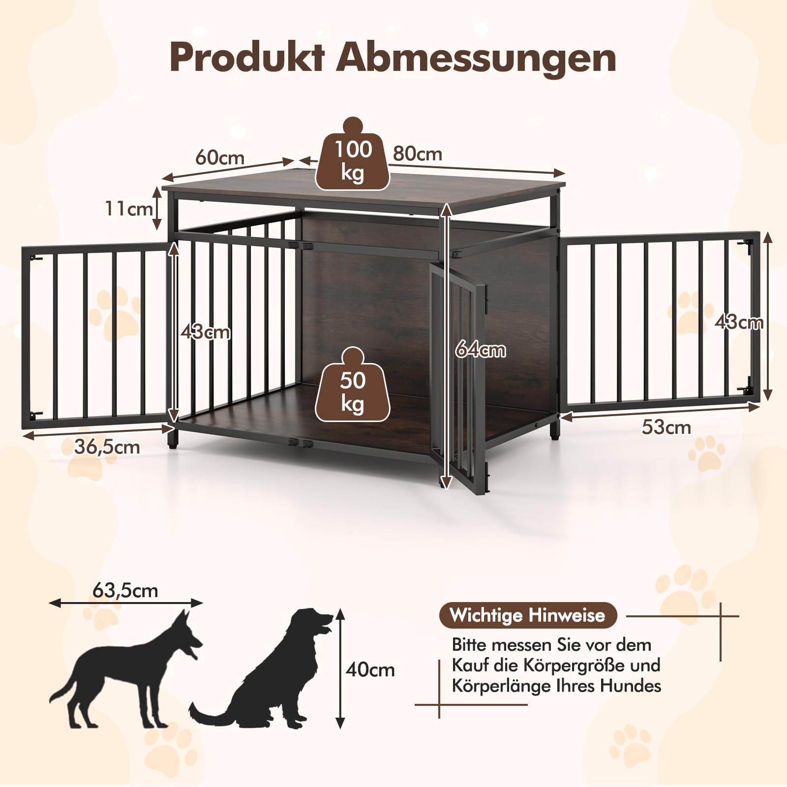 COSTWAY Hundekäfig Möbel, Hundebox für zuhause mit DREI Türen, Hundegitterbox Holz Indoor für kleine & mittelgroße Hunde, Beistelltisch aus Holz & Metall, 80 x 60 x 64 cm