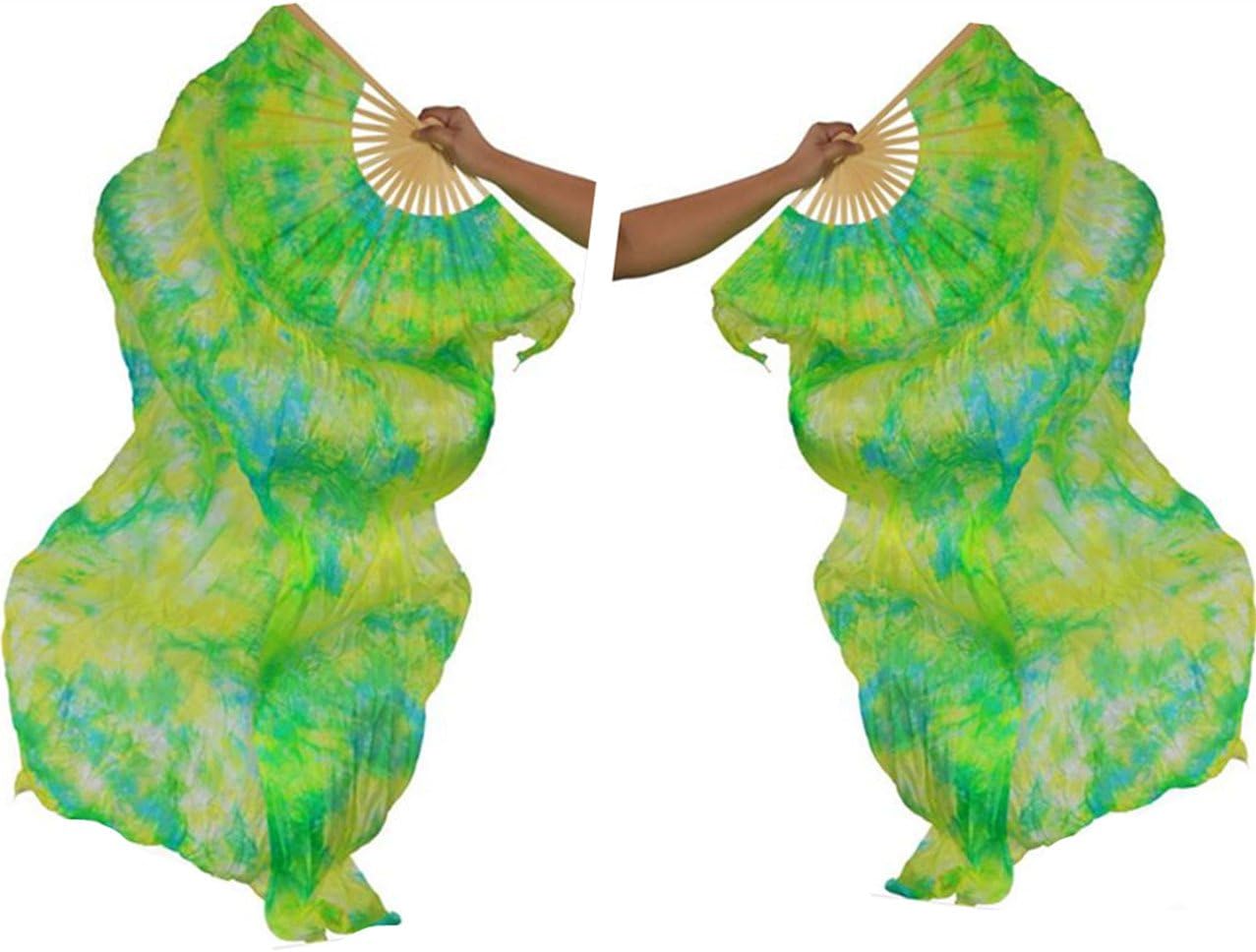 DEMON BABY 2022 Professional Soft Hand Made Tie-Dyed Hand Fans Belly Dance Silk Bamboo Handle Long Fan Veils Best Performance Gift(#6 Green & Yellow;1Pair)
