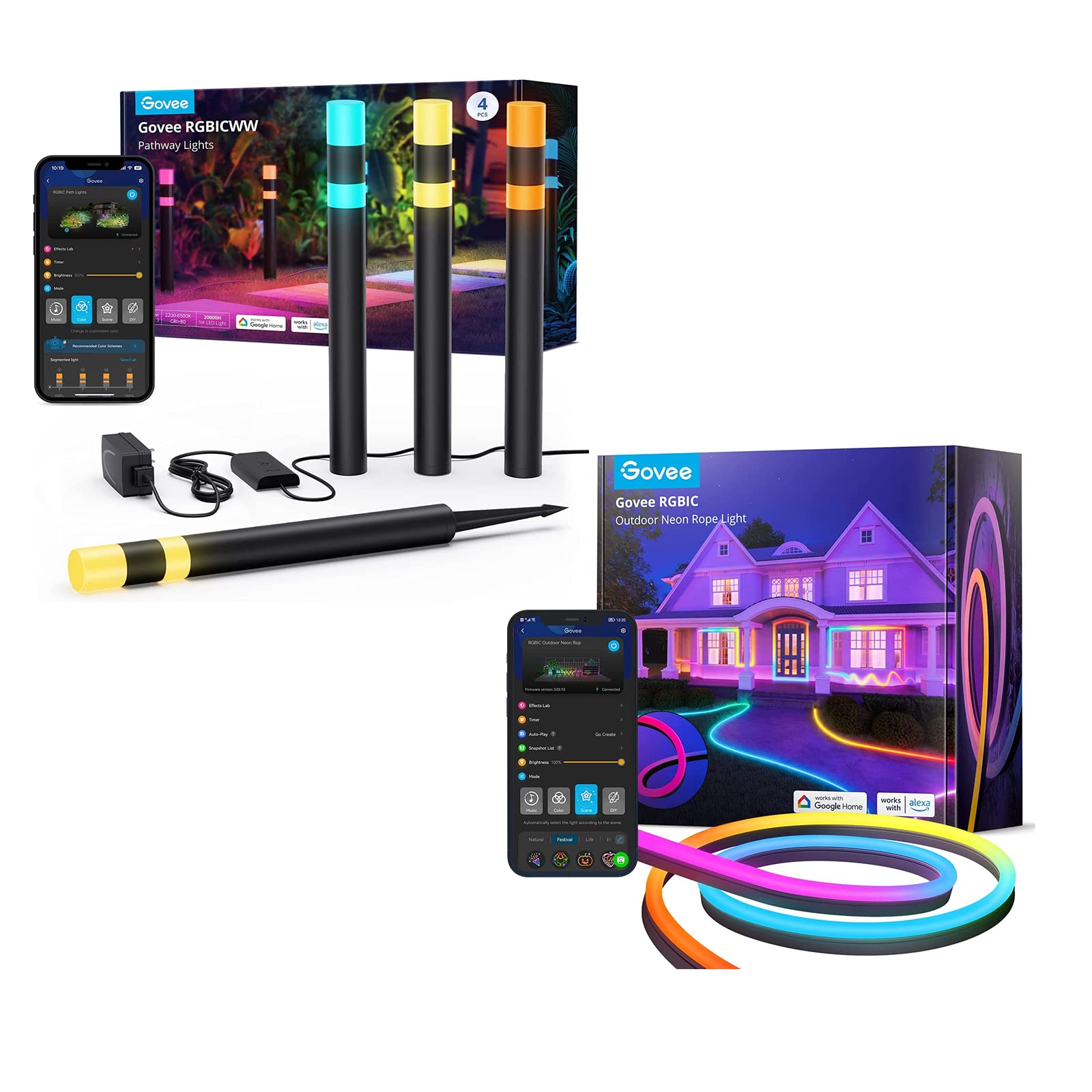 Govee Outdoor Pathway Lights Bundle with Govee Outdoor Neon Rope Lights, Decorations with 64+ Scenes, Music Sync, Flexible LED Rope Lights for Yard Garden Patio, Works with Alexa, Google Assistant