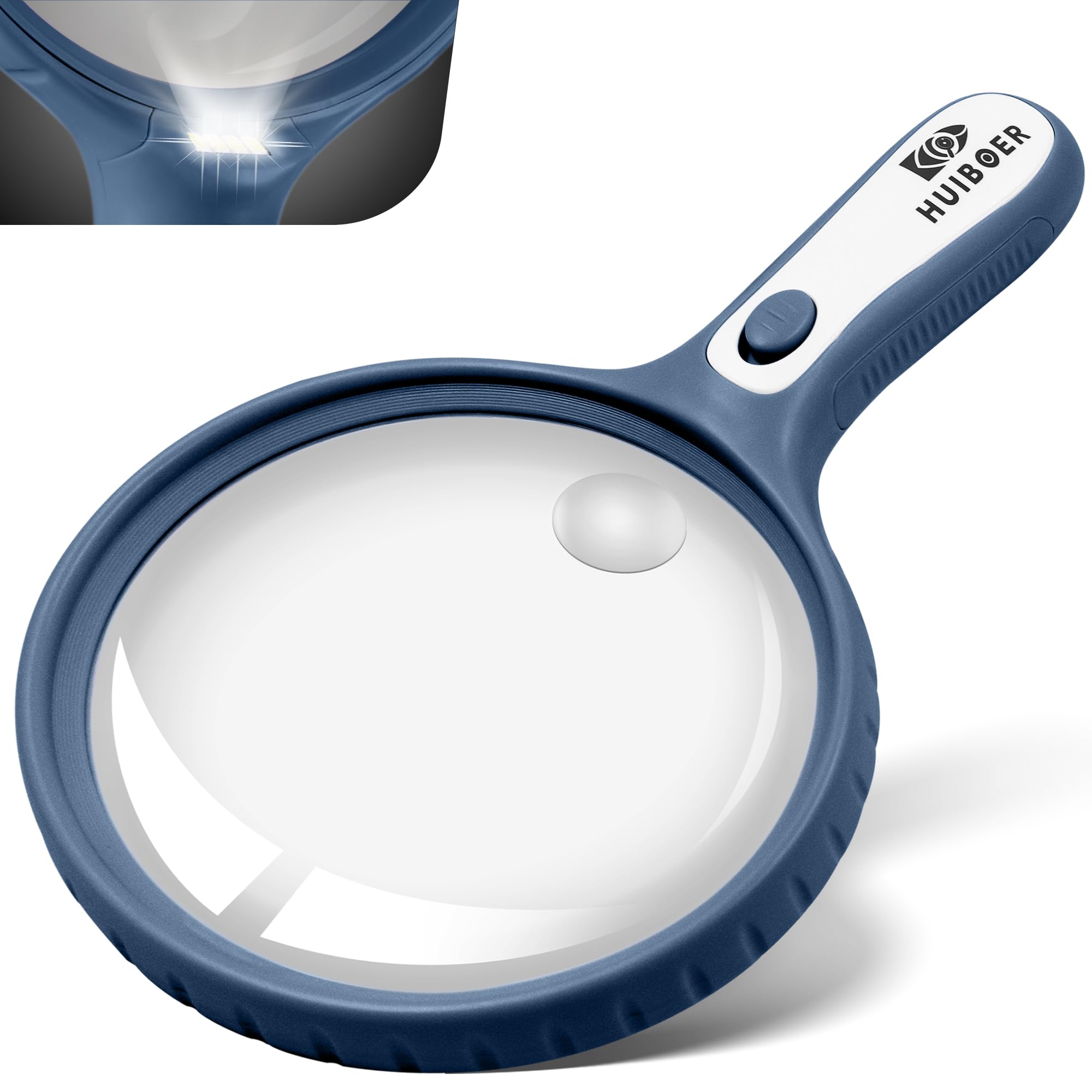 HUlBOER 5.3 Inch Large Magnifying Glass with Light, 10X 20X Handheld Magnifier with 4 LED Lights for Seniors and Kids, Reading, Working, Page Inspection, Vision Enhancement (Navy Blue)