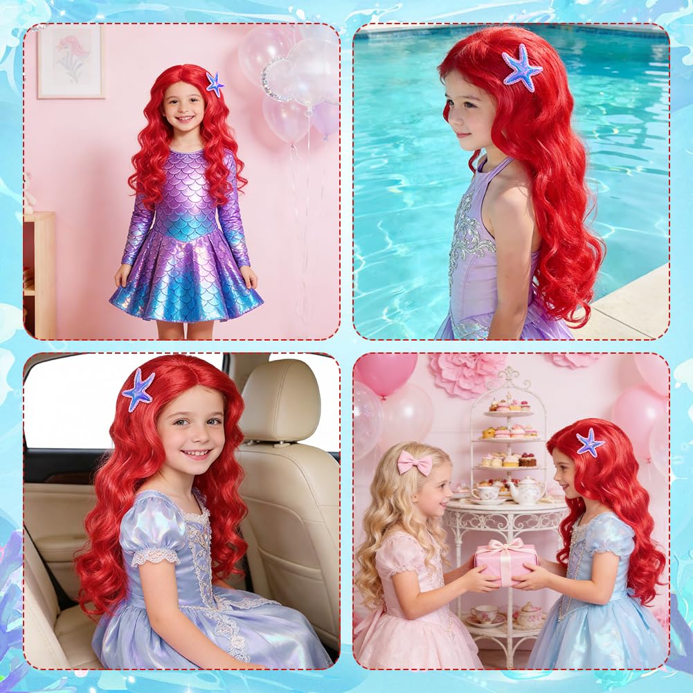 AOOWU Peluca Infantil de Sirena Princesa Sirena para Niña, Pelucas Princesa Cosplay, Peluca Roja Ondulada Sirena NIña para Halloween, Carnaval, Fiesta, Cumpleaños, Cosplay — view 6