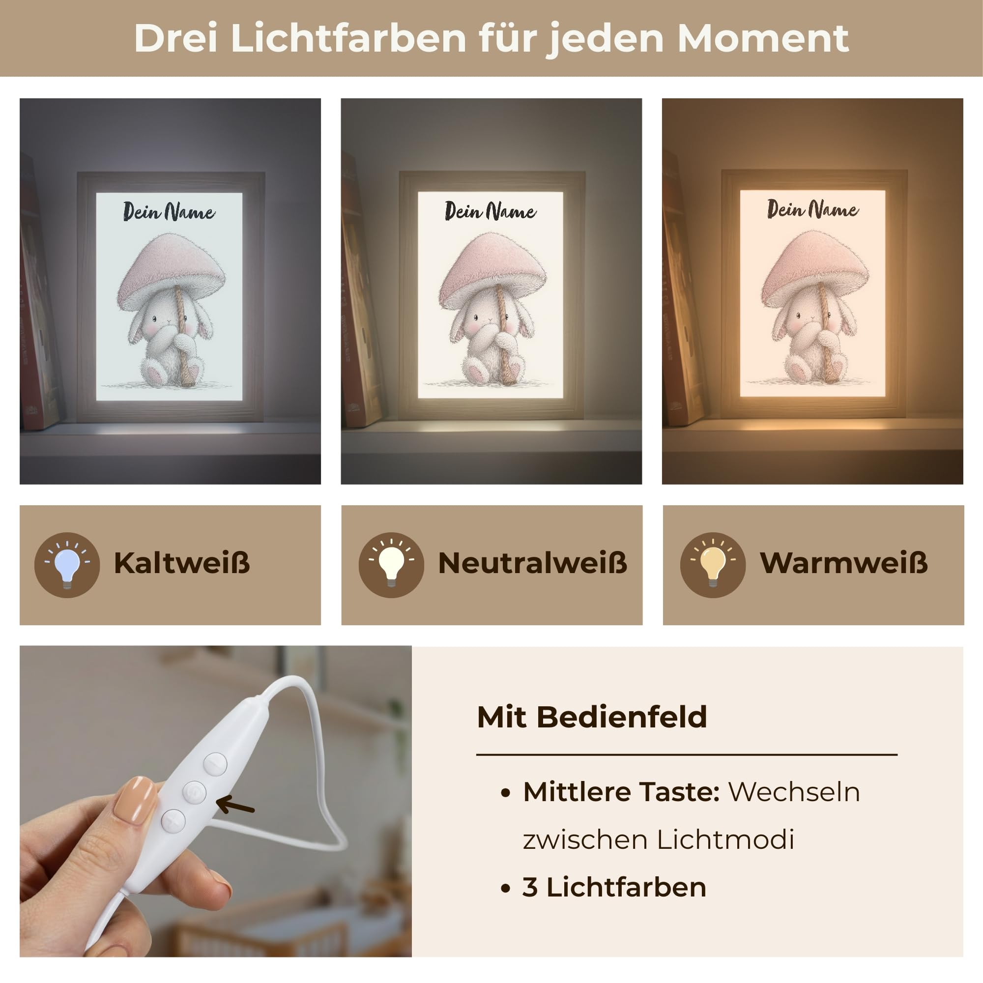 Nachtlicht Kinder Mit Name 15x20 cm Baby Lampe Kinderzimmer Kindernachtlicht Personalisiert Stilllicht Kinderlampe Pilz - Kaninchen - Rosa