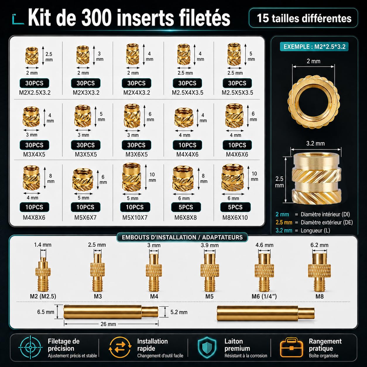 310 Pièces Inserts Filetés M2-M8, Kit de Fer à Souder pour Inserts Taraudés, Insert Impression 3D pour Pièces en Plastique