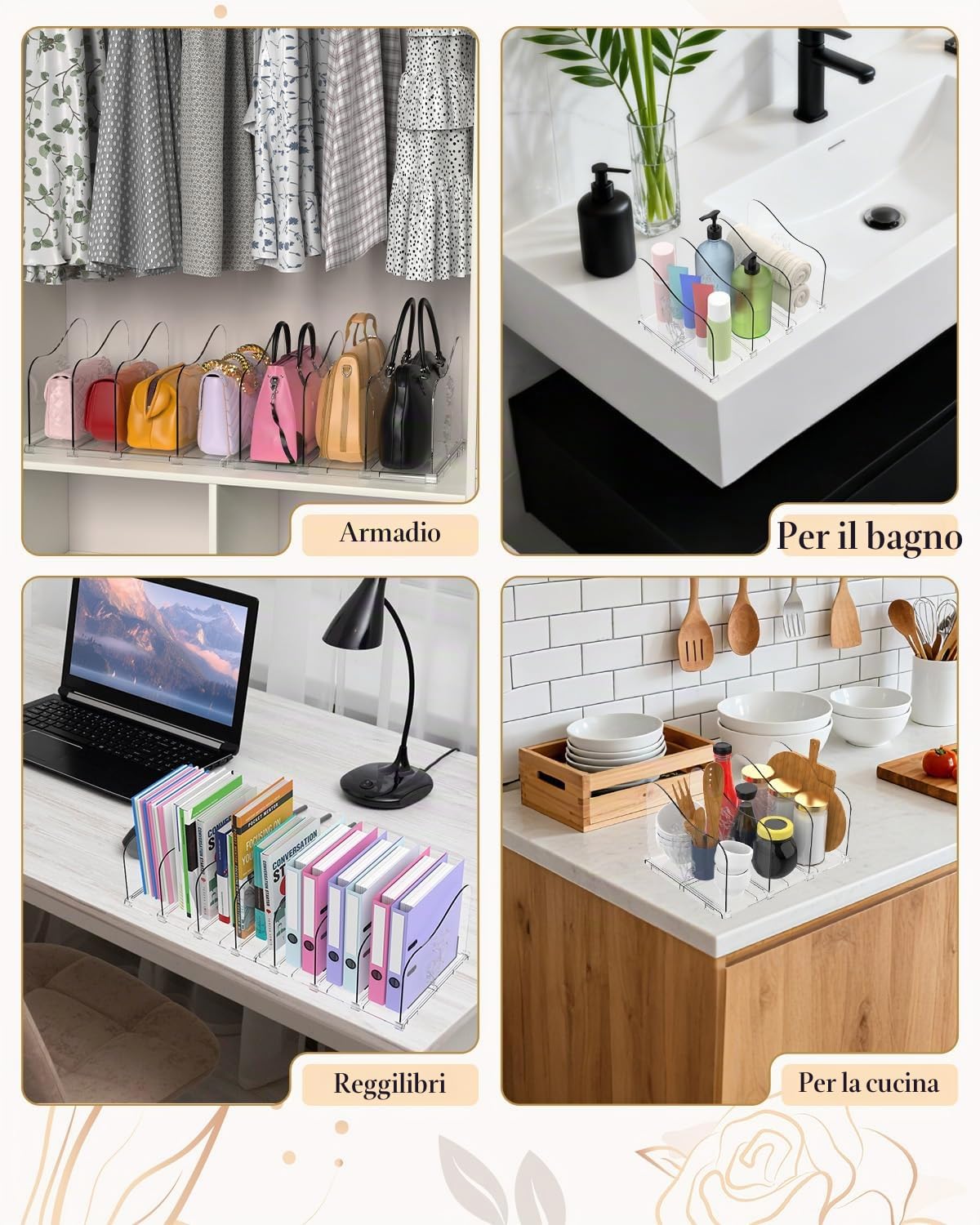 Confezione da 2 organizer per borse a forma di rosa, divisori regolabili per armadio, organizer trasparente per armadio, separatore per libreria in plastica per camera da letto, ufficio, casa, ottimo