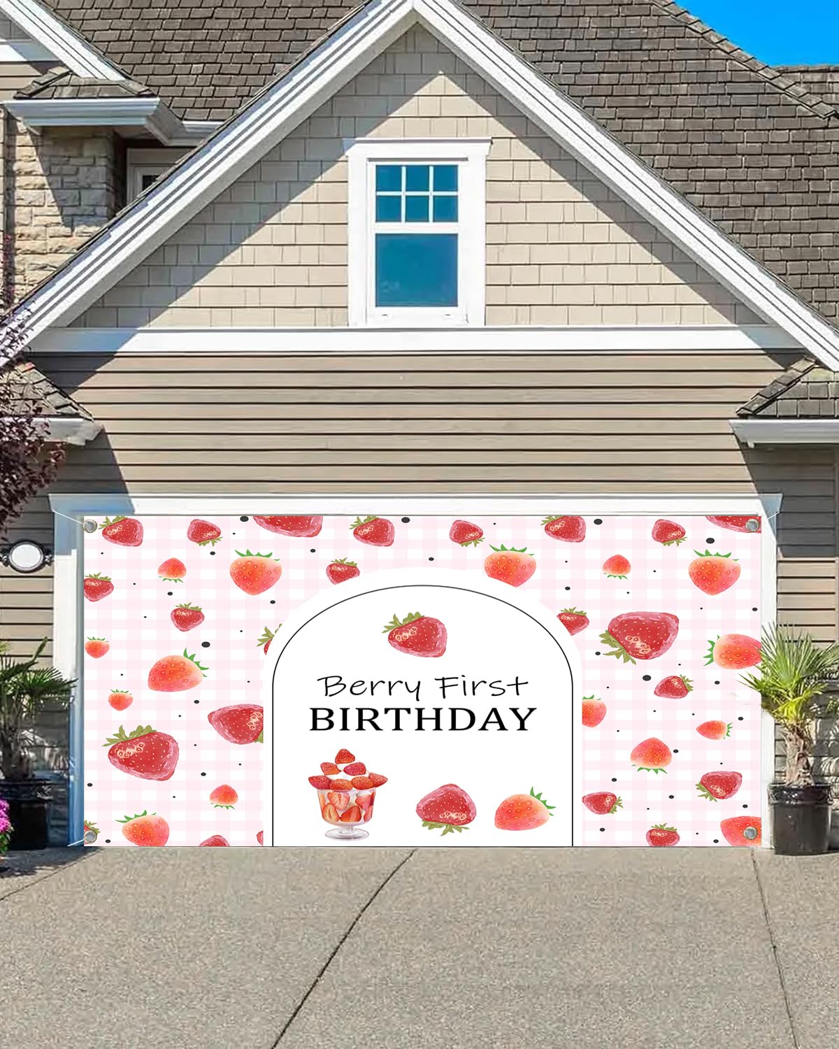 6X8ft Happy Strawberry 1st Birthday Garage Door Decorations Background Pink Gingham Berry First Birthday Party Decorations Backdrop Birthday Party