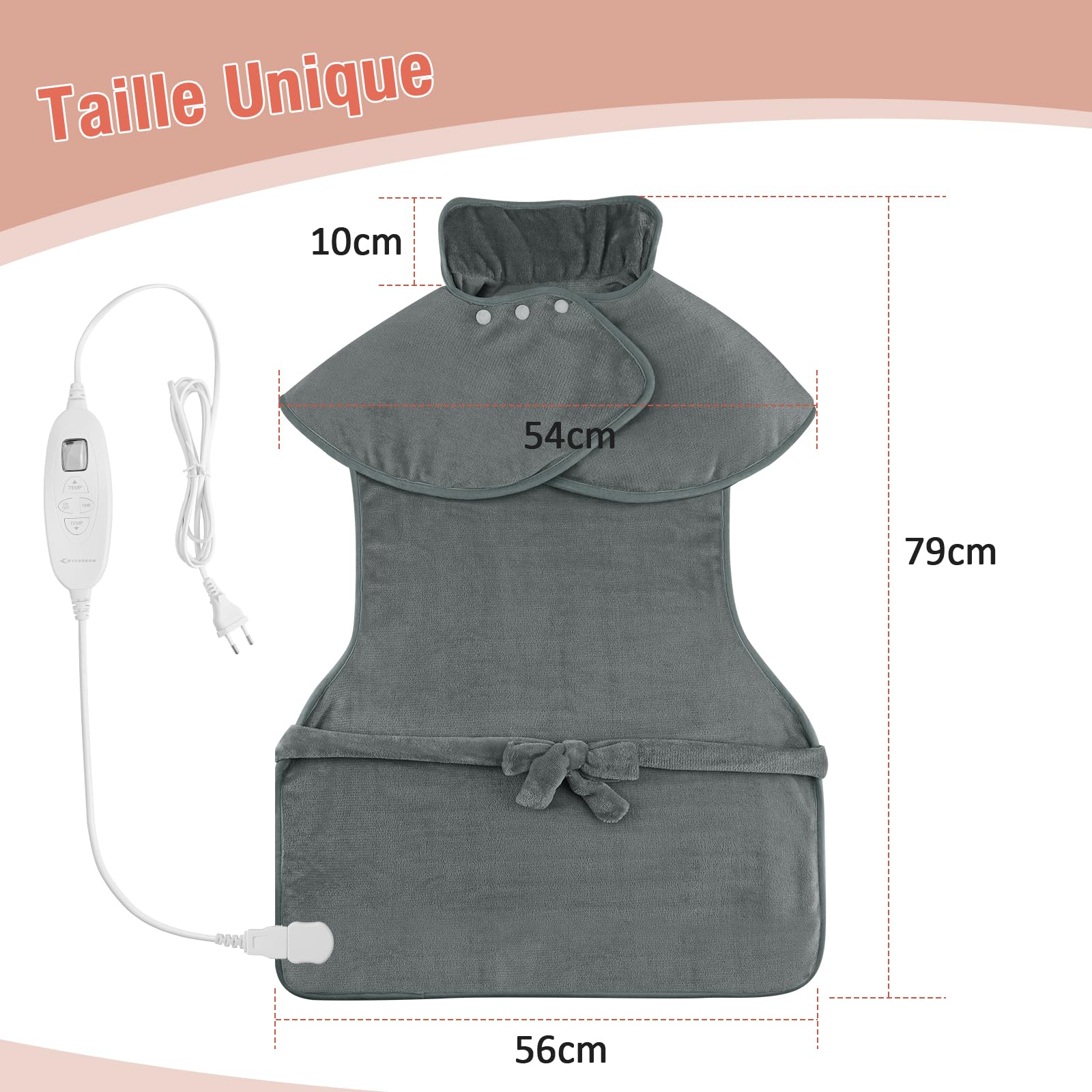 MYCARBON Coussin Chauffant Électrique pour Dos Épaules Nuque Coussin Chauffant Cervicales 60x100cm Arrêt Automatique 6 Températures 4 Timer avec Contrôleur Chauffage Rapide Lavable en Machine, Gris