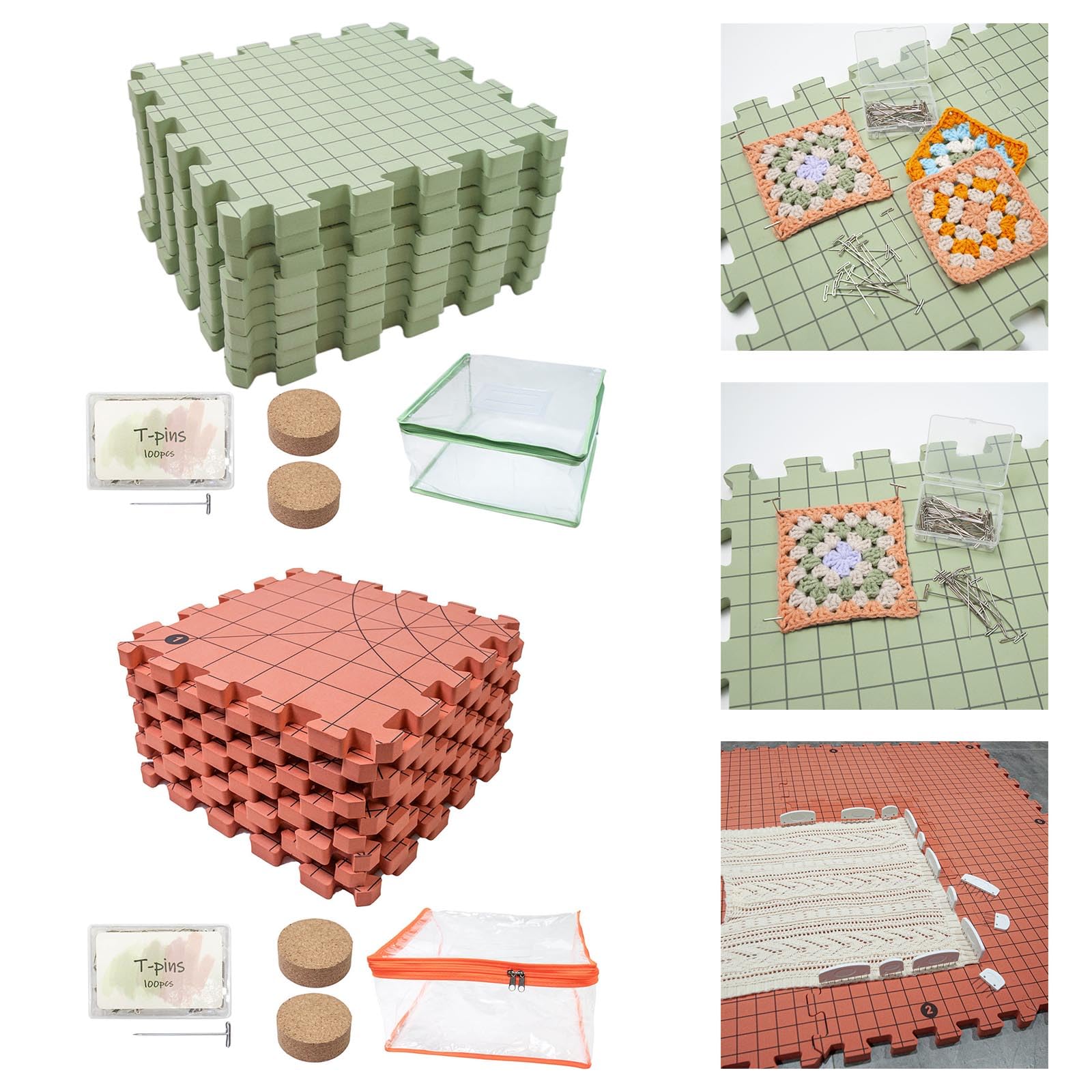 Set di 9 pezzi di blocco per maglieria, 32 x 32 cm, con 100 perni a T da 38 mm per lavori a maglia in metallo per lavori a maglia e progetti artigianali