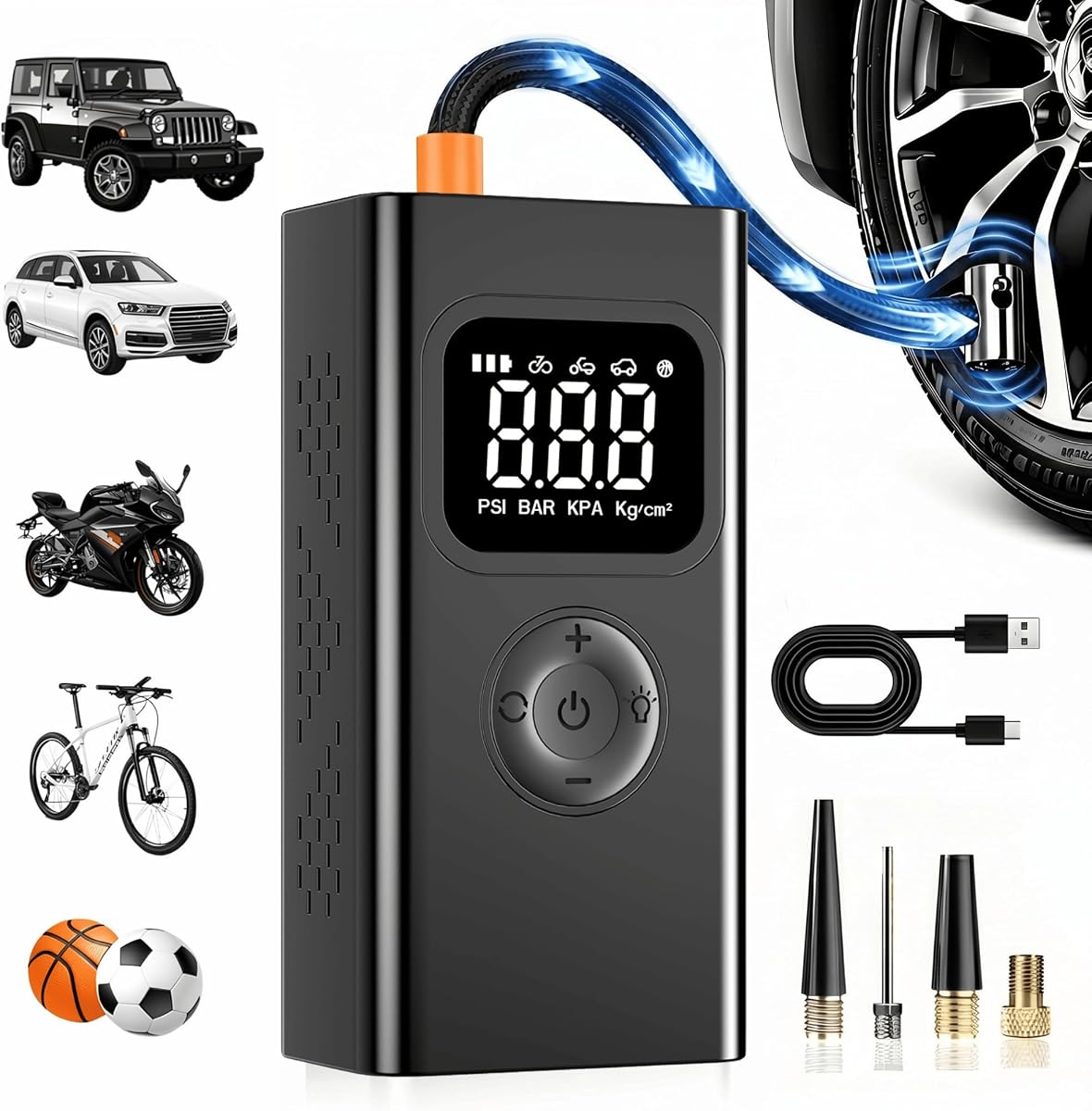 Compresor de aire portátil, bomba de aire de 150 PSI para neumáticos de automóvil para automóvil-3X Bomba de neumáticos más rápida para SUV, motocicleta, pelotas y bicicletas Manómetro digital incorporado, luz de advertencia de emergencia LED