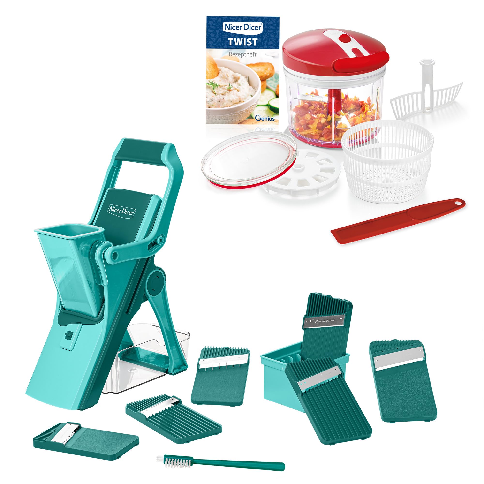 Genius Nicer Dicer Mando wraz z krajalnicą do warzyw Twist, 21-częściowa, ręczna szatkownica do warzyw, stojąca, z pojemnikiem na ścinki, 6 wkładów, cebulę, ziemniaki, frytki, sałatę, wirówkę