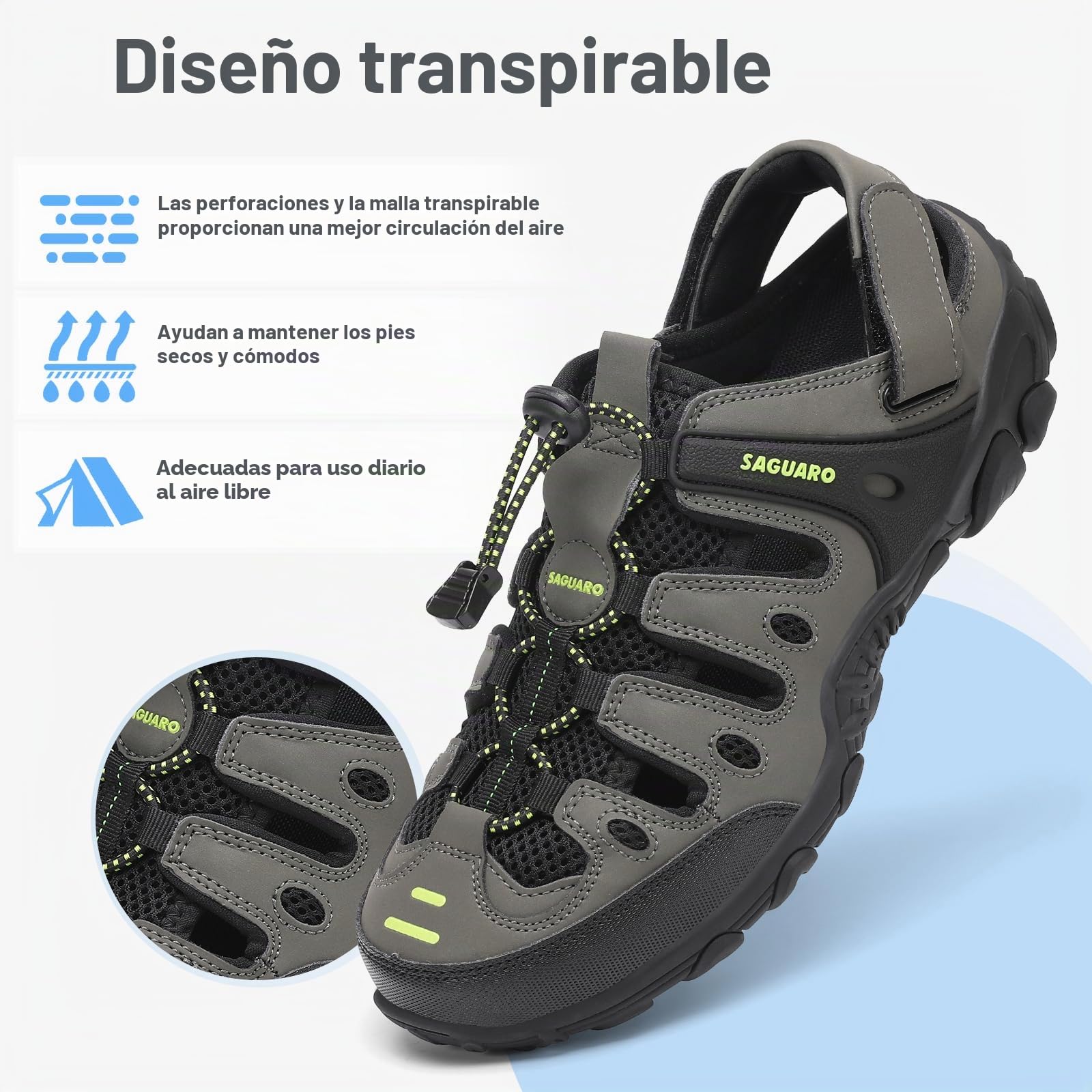 SAGUARO Sandalias de Trekking para Hombre con Puntera Cerrada Sandalias Deportivas de Verano Cómodas Transpirables Sandalias de Senderismo Verde 42 EU