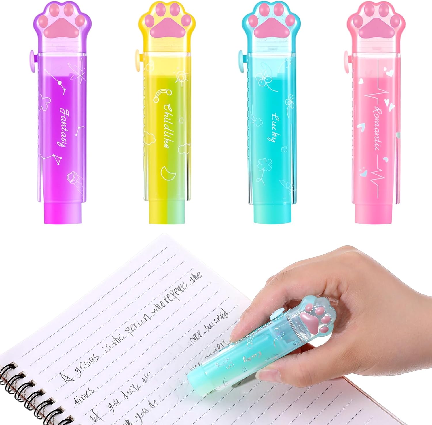 4 PCS Sliding Retractable Pencil Erasers with Cat Paw, Gradient Jelly Cat Paw Erasers Plastic Sleeve Cute Jelly Eraser for School, Push-Pull Rubber for Office Clean Erase Rubber, Color