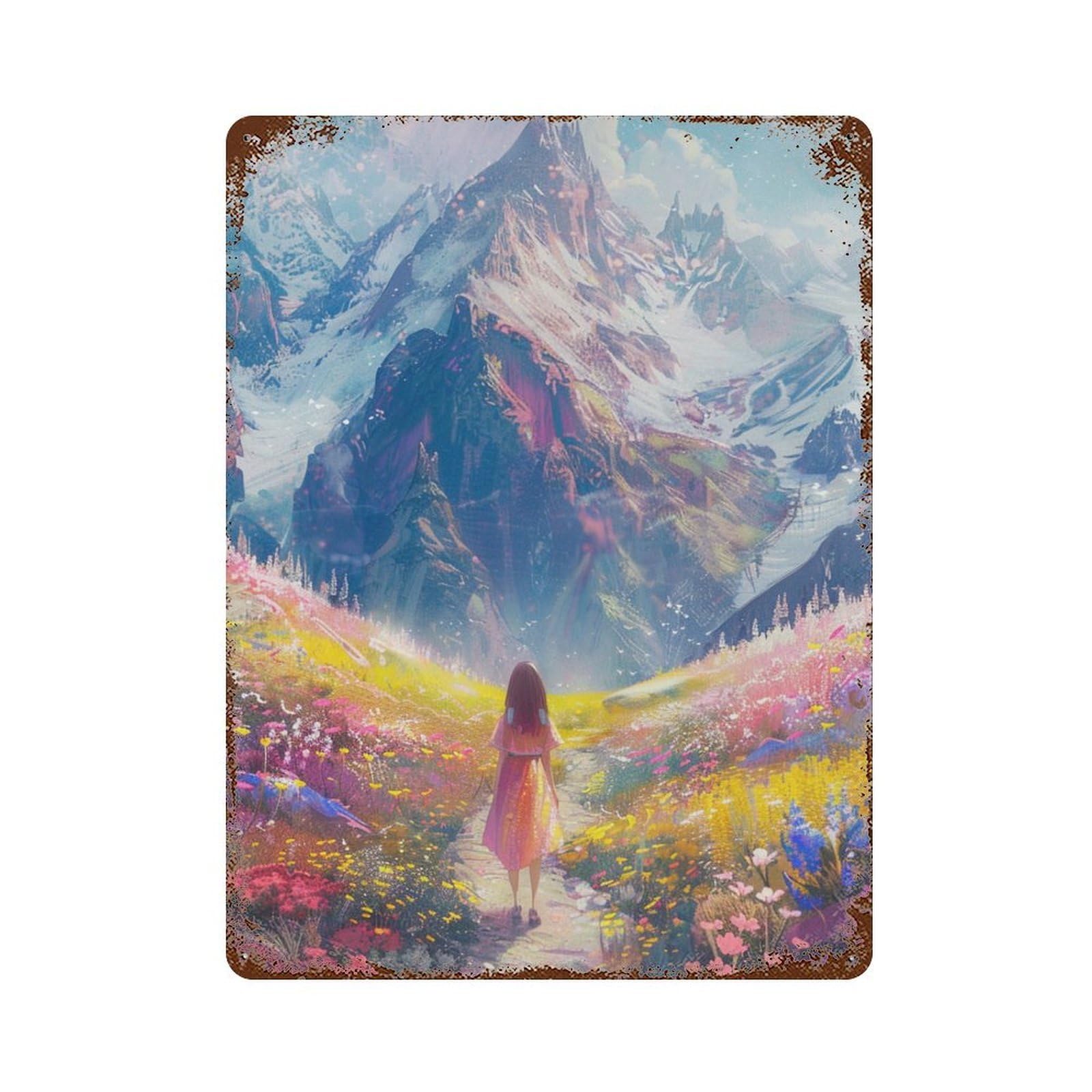 Fantasy Mountain Pathway Vintage Wall Sign 15.7"x11.8", Rust Effect Metal Decor for Shed, Workshop And Garage Wall Decor
