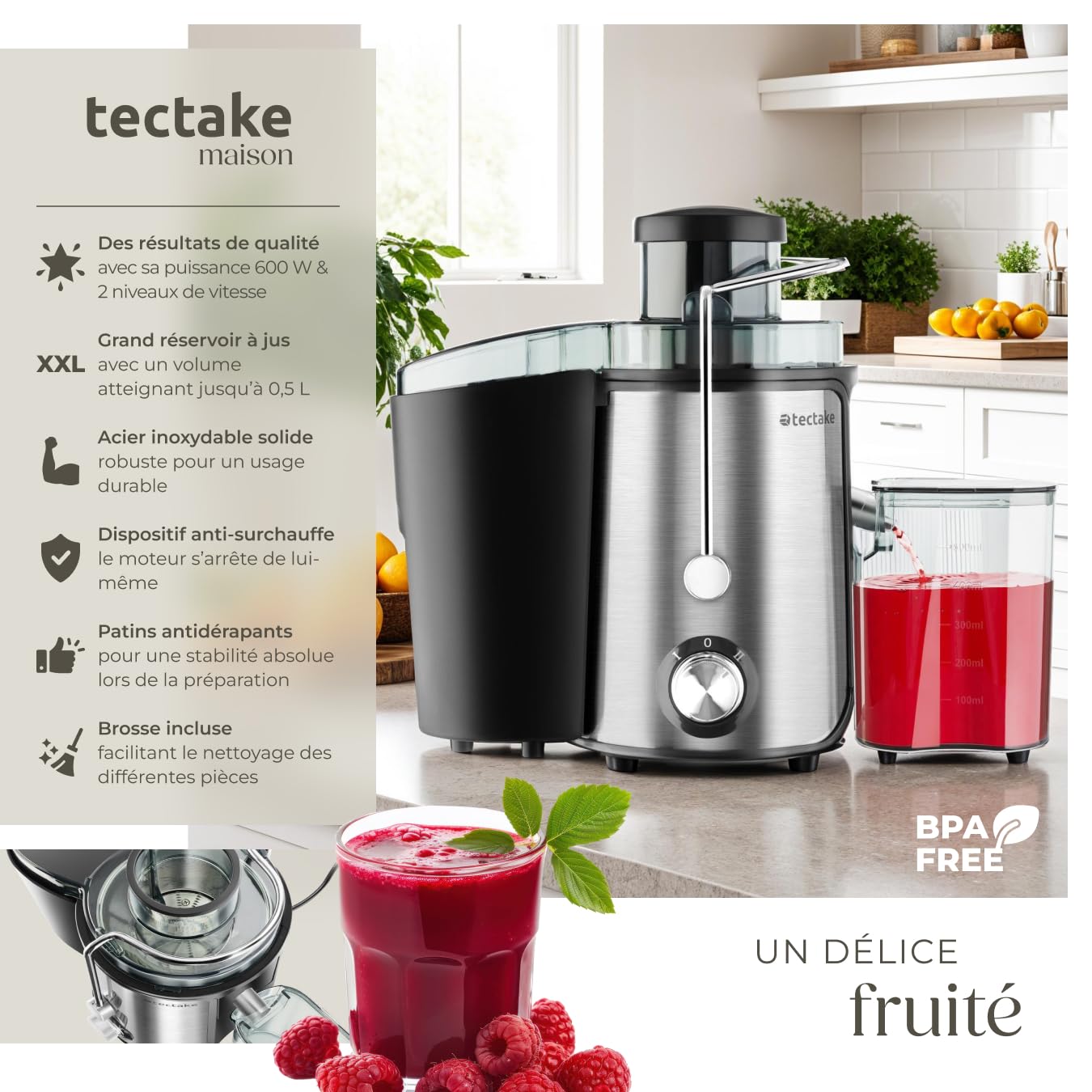 tectake® Extracteur de jus de fruits et légumes Centrifugeuse Fruits et legumes avec Goulotte d'Alimentation 2 Vitesses pour jus de fruits & Alimentation saine Bien-être Electroménager cuisine