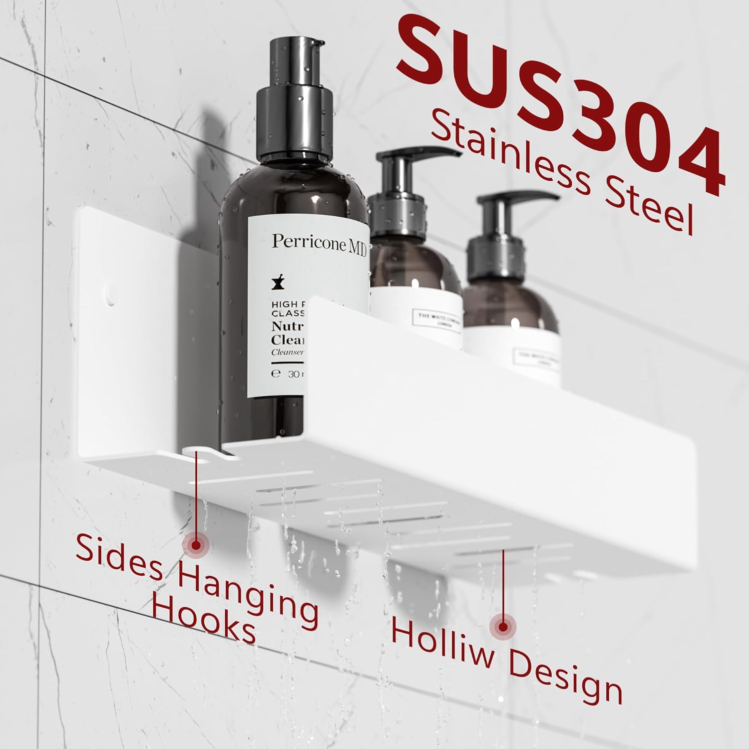 Qeke Shower Caddy, 12" Bathroom Shower Shelf Organizer with 2 Hooks, SUS304 Stainless Steel Floating Shower Shelves with Large Capacity, Rustproof Shower Rack for Inside Shower, Matte White