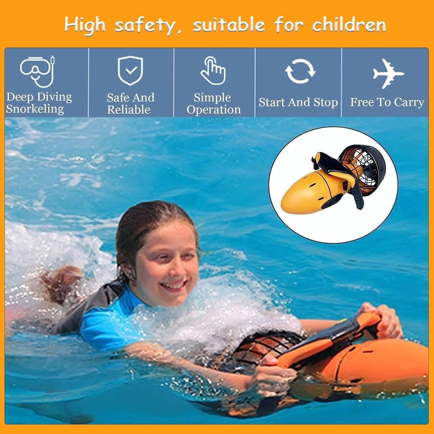 Scooter submarino de propulsión acuática, dispositivo sumergible con hélice de agua, batería de litio de 500 W, dispositivo de natación para deportes acuáticos en piscinas.,Orange